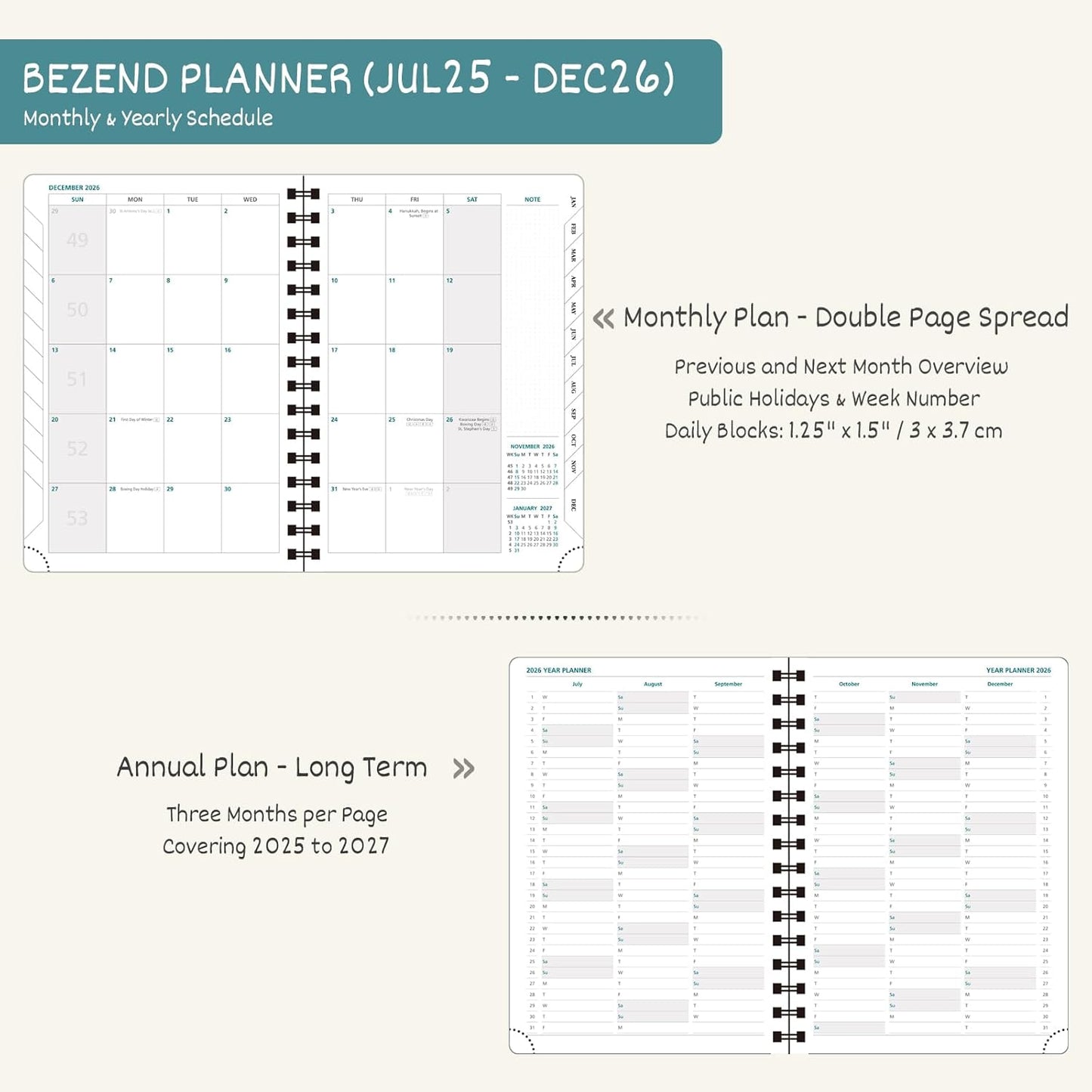 BEZEND Planner 2025-2026 Weekly and Monthly, 5.8" x 8.5" Academic Calendar (Jul 25-Dec 26) Vertical Daily Appointment with Hourly Timeslot & Monthly Tab, Spiral, PU Leather Softcover - Turquoise