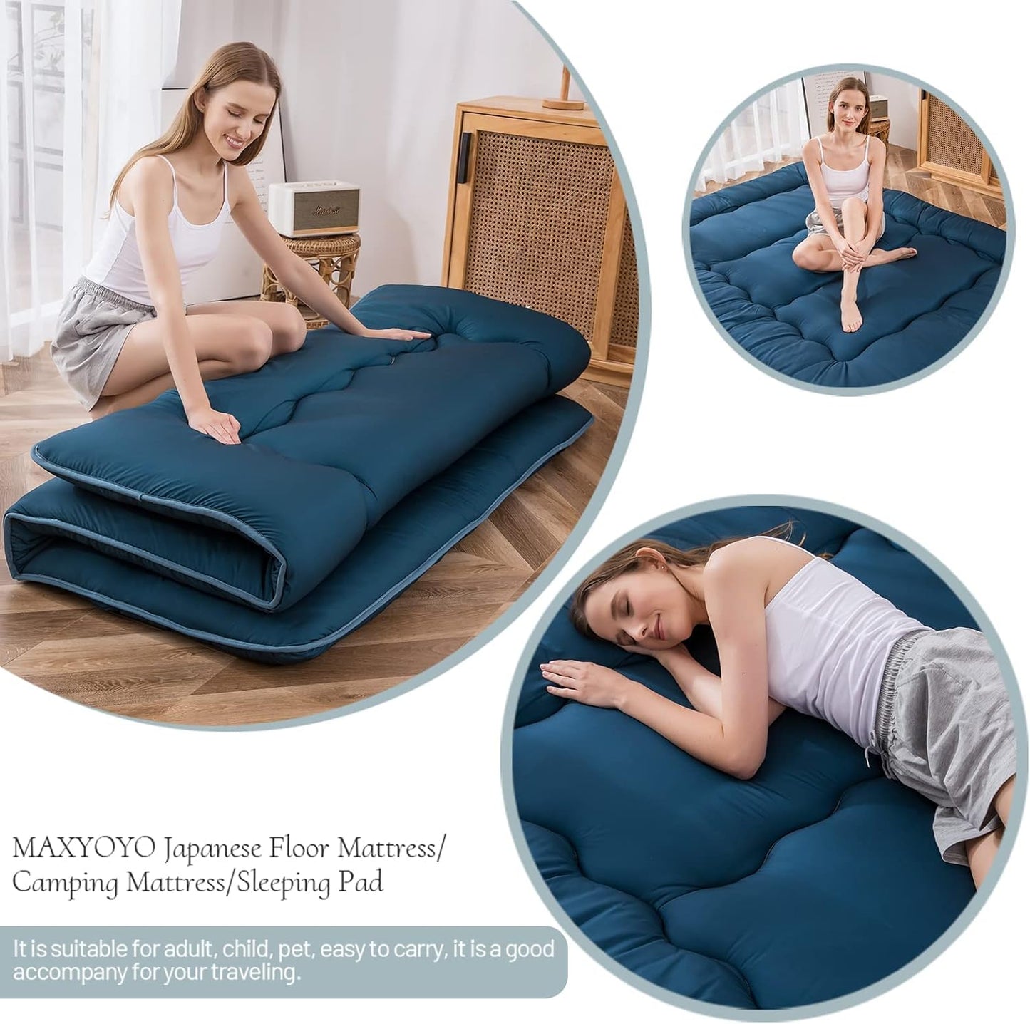 MAXYOYO Japanese Floor Mattress Futon Mattress, Thicken Sleeping Pad Foldable Roll Up Floor Futon for Adults Tatami Mat Dormitory Bed Lounger, Bluestone, Full Size