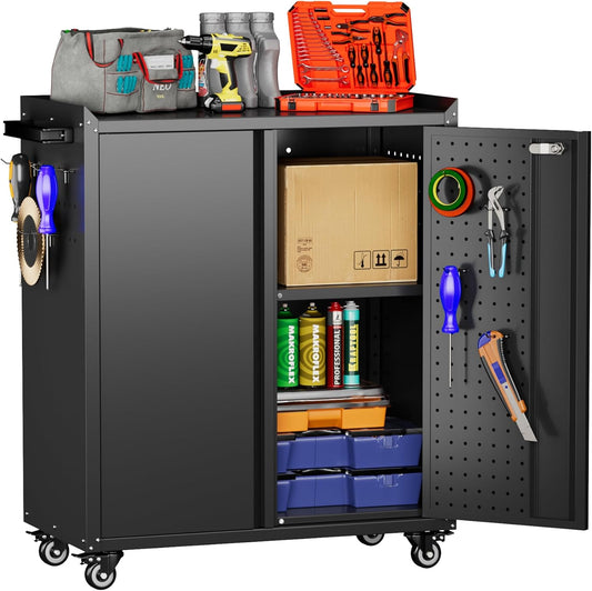 Aobabo 34.3" H Garage Storage Cabinet with Wheels,Lockable Metal Storage Cabinet with 2 Doors for Garage Home Office Storage,Black,Assembly Required
