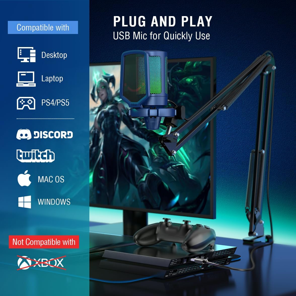 FIFINE USB Gaming Streaming Recording PC Microphone Kit, RGB Condenser Computer Mic Bundle for Podcasts, Audio, Vocal, Video on Mac/Desktop/Laptop, with Boom Arm Stand-A6T Blue