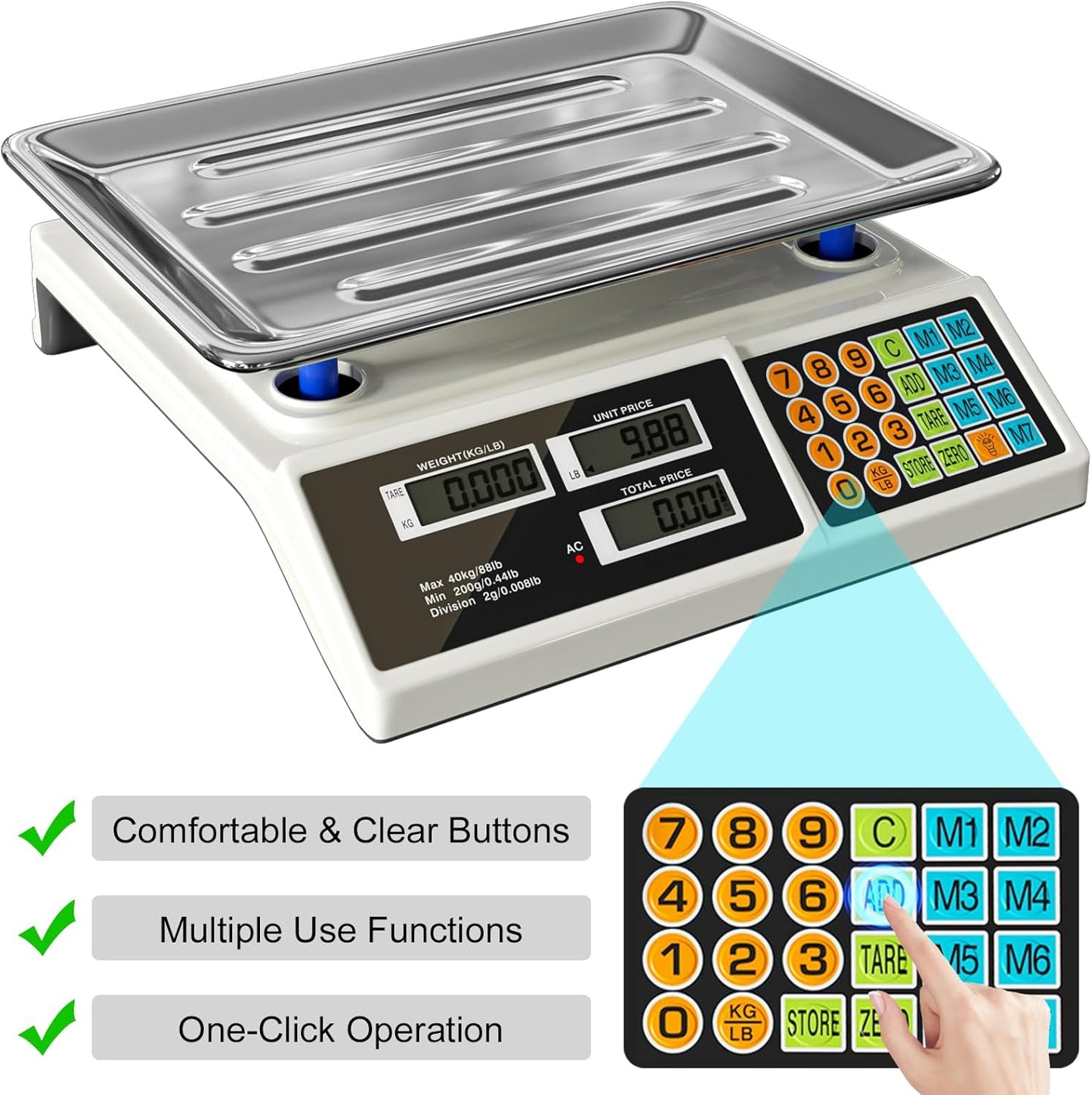 Price Computing Scale 88lb/40kg LCD Digital Commercial Price Scale with Stainless Steel Platform,Produce Scale & Food Scale for Farmers Market, Retail Outlets, Meat Shop (Tray)