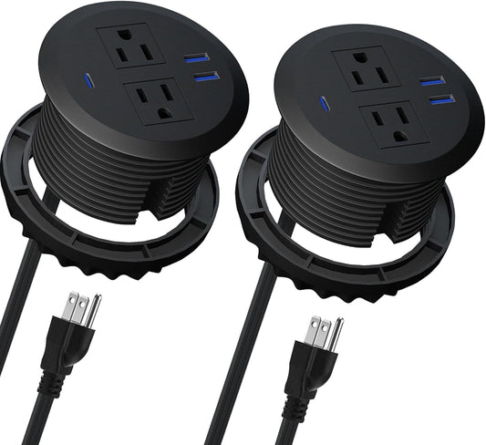 2PCS 3 Inch Desktop Power Grommet,10ft Cord,20W USB C Fast Charging Station,3-USB Port,Flush Mount.Round Recessed Power Strip Desk Hole Grommet Outlet for Workspace,Sofa,Black