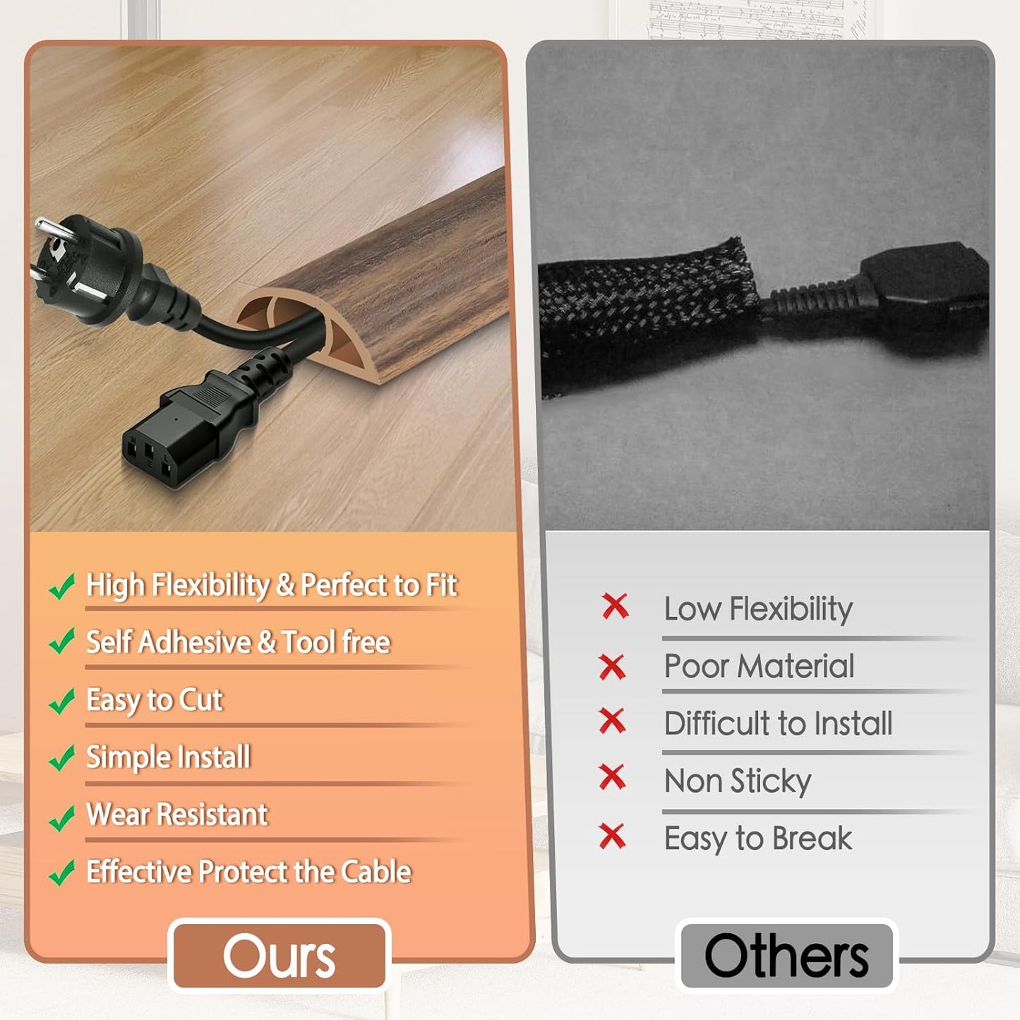 Floor Cord Cover for Wires on Floor Self Adhesive Cord Hider Floor Cable Management Wire Covers for Cords Protector Prevent Cable Trips Cord Cavity W 0.59" x H 0.31", Misty Brown Wood, 10Ft