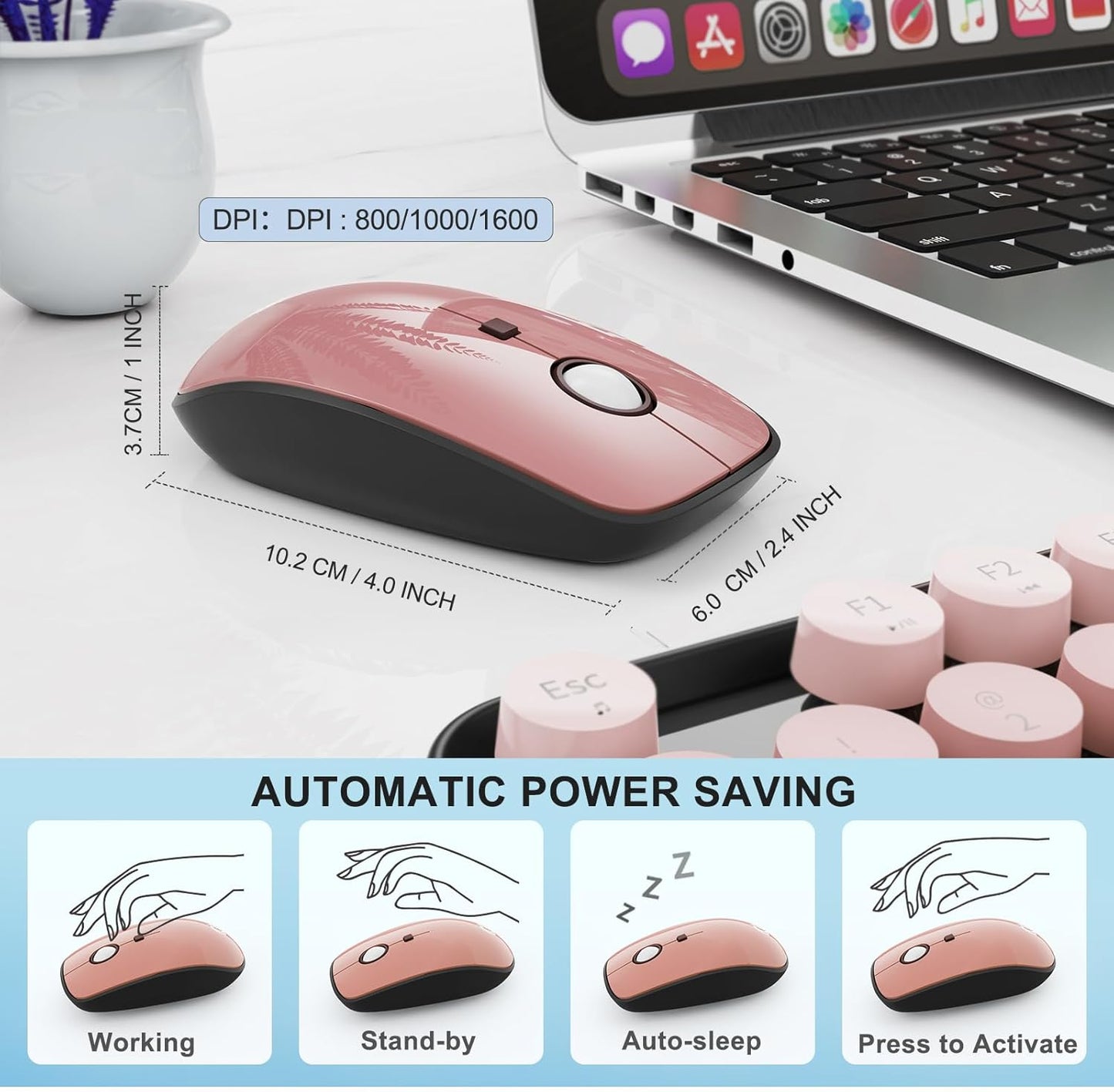 FOPETT Wireless Keyboard and Mouse Combo, 104 Keys Full-Sized 2.4 GHz Round Keycap Colorful Keyboards, USB Receiver Plug and Play, for Windows, Mac, PC, Laptop, Desktop (GradientPink)