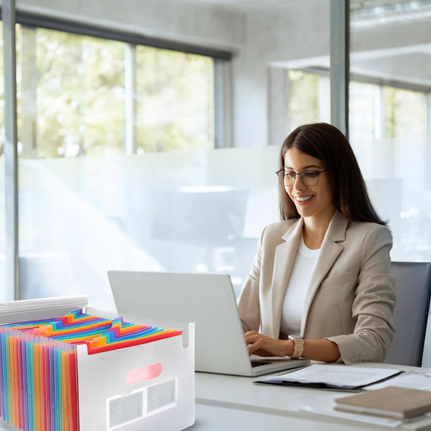 25 Pockets Plastic Expanding File Folders with Tabs, White Accordion File Organizer, Portable Expandable Filing Box, Desktop Folder for School Office Letter A4 Paper Document Receipt Storage