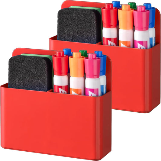 BEYGORM 2 Pack Plastics Magnetic Pen Holder for Refrigerator, Dry Erase Marker Holder for Whiteboard，Magnet School Locker Organizer Accessories, Pencil Cup, Pen Caddy, Classroom Organization(Red)