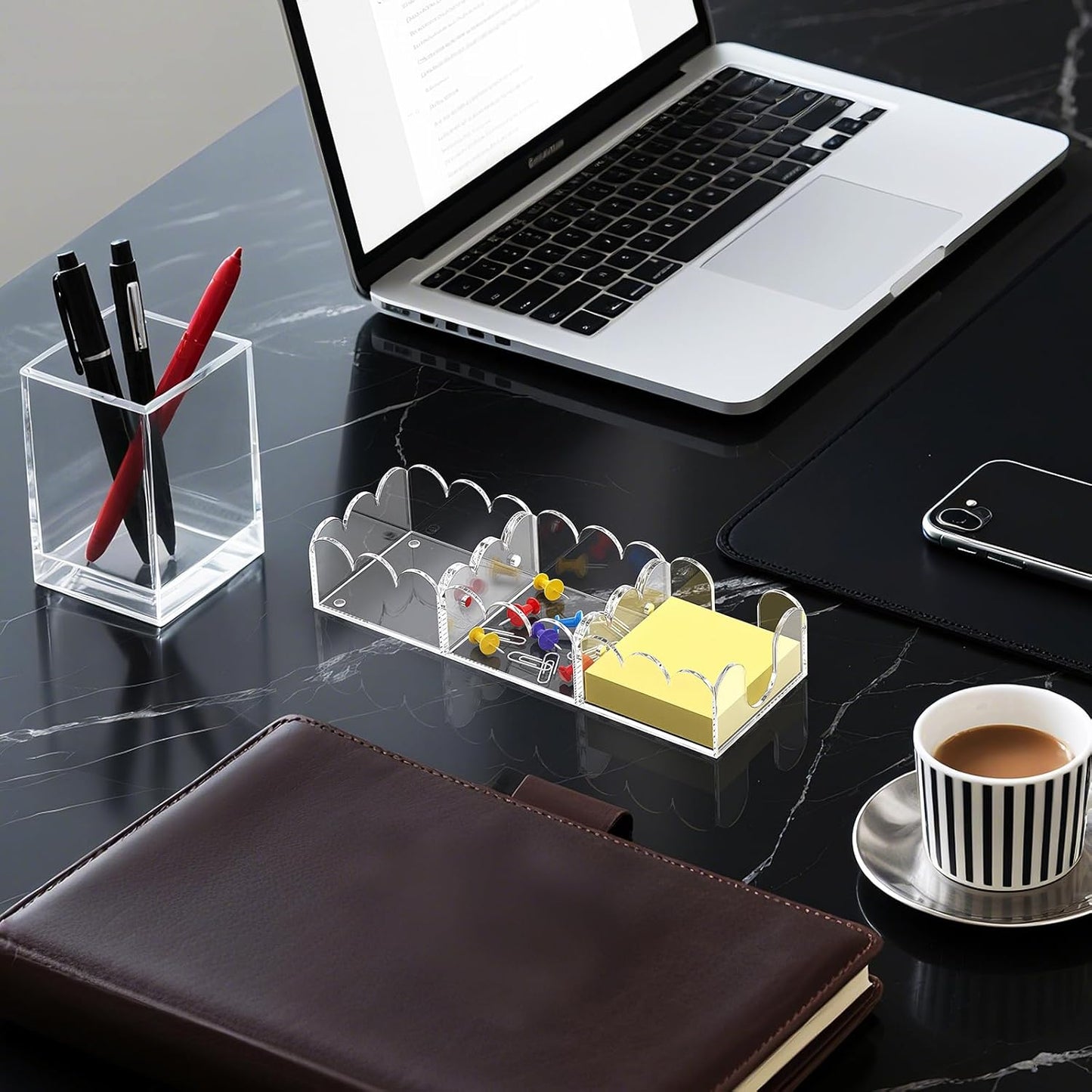 YAGELI Magnetic 3-in-1 Acrylic Sticky Note Holder Dispenser | Modern Desktop Organizer for 3x3 Post It Notes & Memo Pads with Non-Slip Base | for Productive Workspace at Office, Home or School | Clear