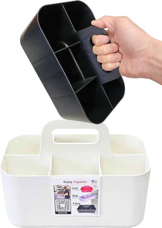 2 Pack Small 6 Compartment Multiuse Caddy Organizer with Handle Art Craft Supplies, Office, Desk, Stationery Pen Holder Stackable- Made In USA (Black/Ivory)