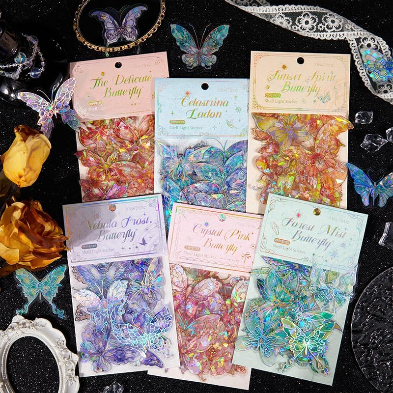 Alideco 120pcs Scrapbook Stickers Shell Light Butterfly PET Waterproof Scrapbooking Junk Journal Crafts Embelishment Decoration Diary Stickers (beikeguanghudie)