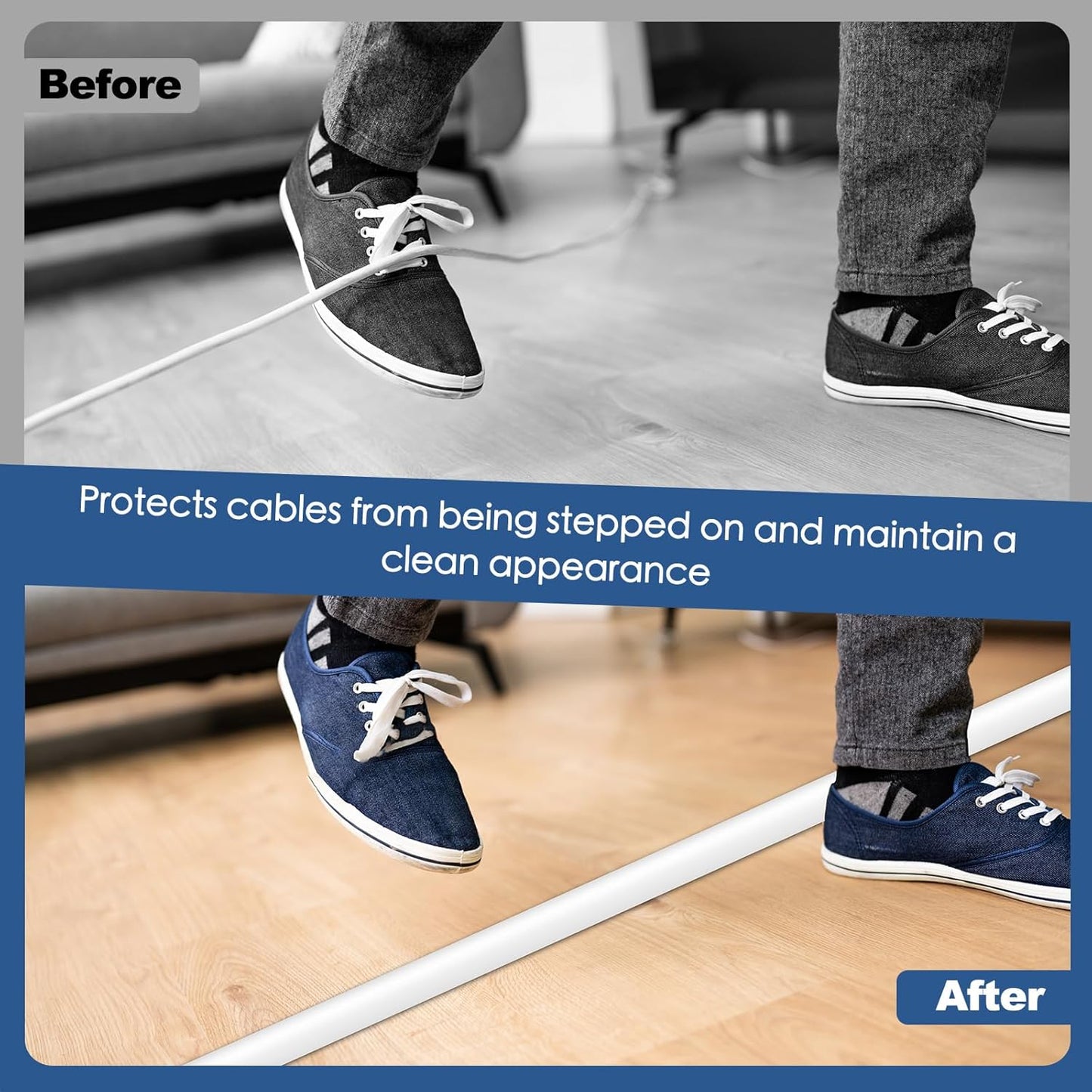 Floor Cord Cover for Wires on Floor Self Adhesive Cord Hider Floor Cable Management Wire Covers for Cords Protector Prevent Cable Trips Cord Cavity W 0.59" x H 0.31", White, 10Ft