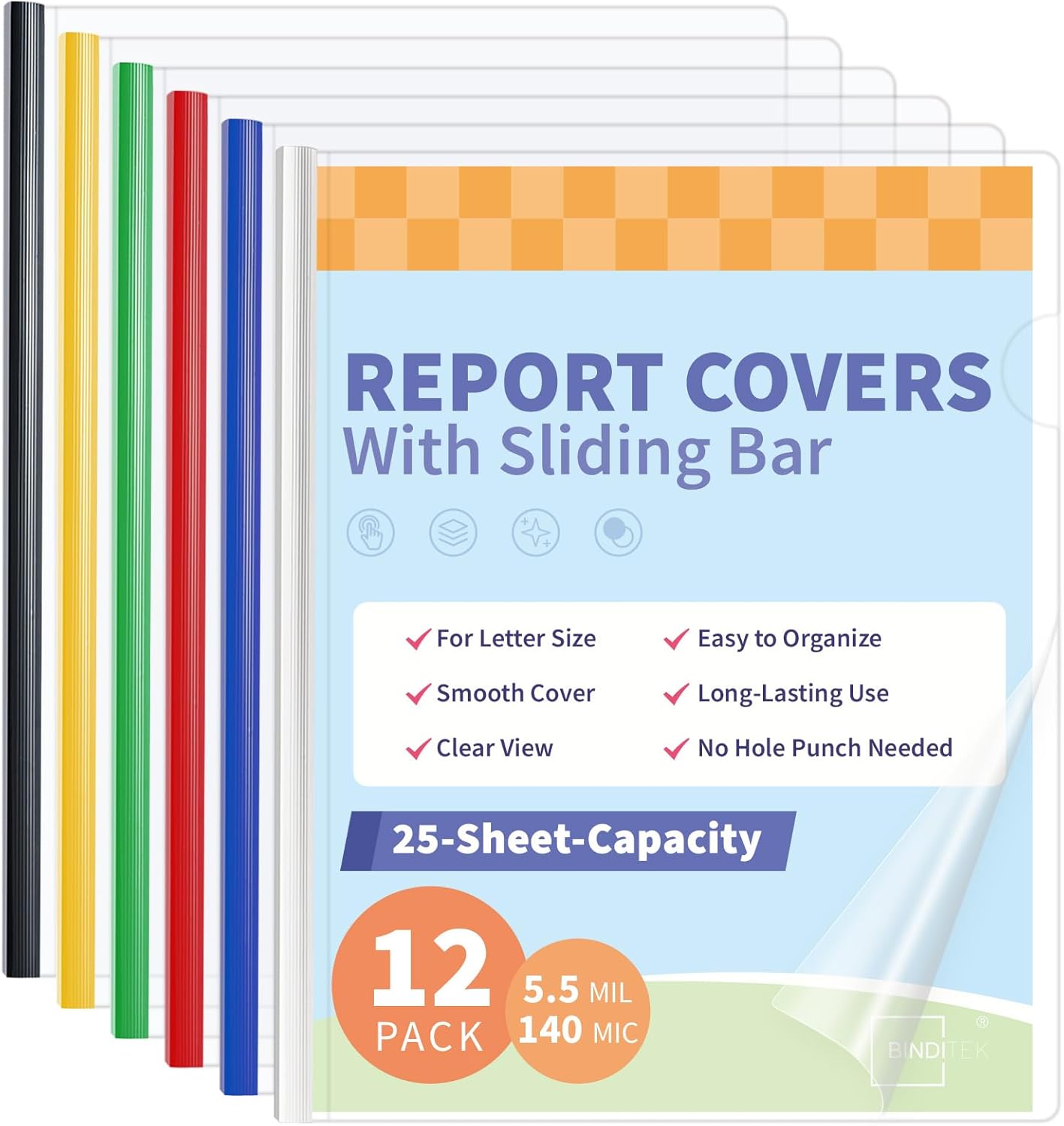 Binditek 12 Pack Clear Report Covers with Sliding Bars, 5mm Sliding Bar File Folder, 25 Sheet Capacity, Letter Size, Multi Color (White, Yellow, Red, Green, Navy, Black), Office Supplies