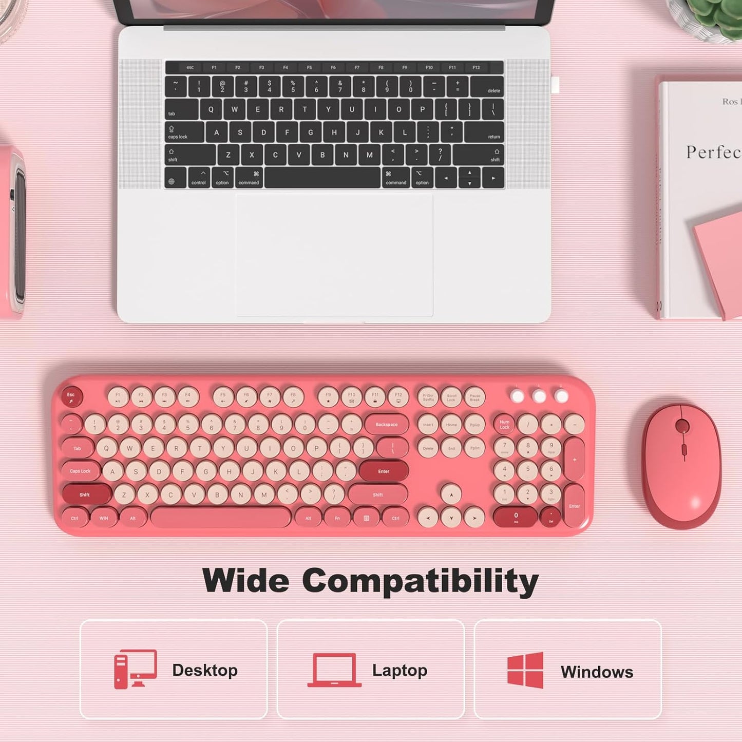 Wireless Keyboard and Mouse Combo, 2.4Ghz USB Retro Full Size Typewriter Keyboard and Cute Mouse Set for Windows 7/8/10, Laptop, Desktop, PC, Computer