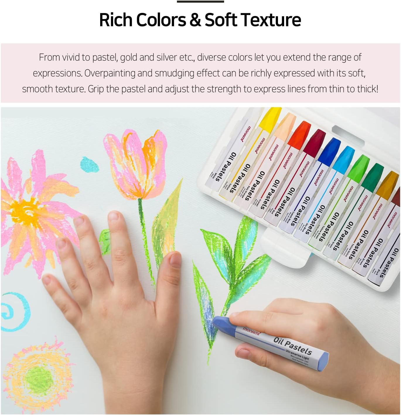 MONAMI Oil Pastels, Jumbo Size Hexagonal Shape Oil Pastels for Kids and Students with Handy Carrying Case, 18 Vivid Colors Pack