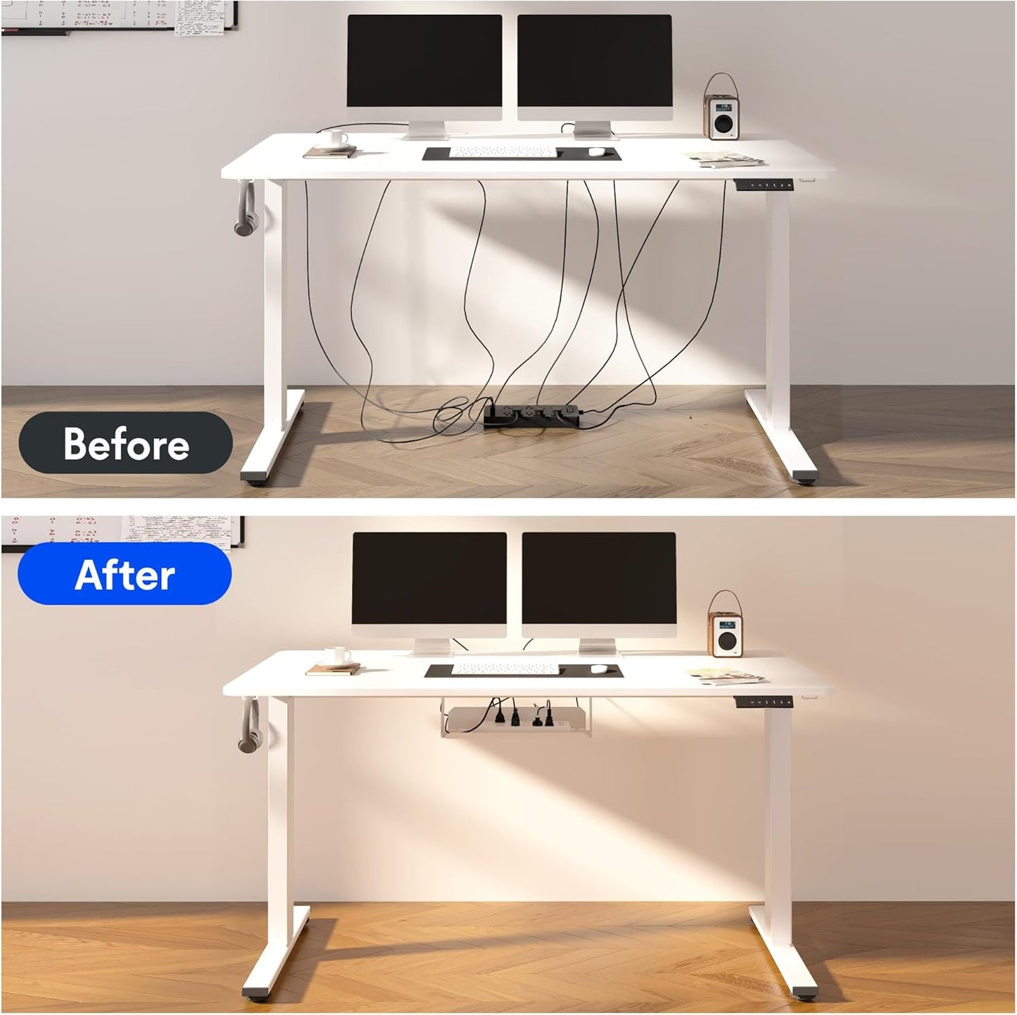 FLEXISPOT EN2 Whole-Piece Standing Desk with Clamp Power Strip, 48 x 30 Electric Stand Up Height Adjustable Desk with Cable Management (White Frame + 48" White Desktop, 2 Packages)