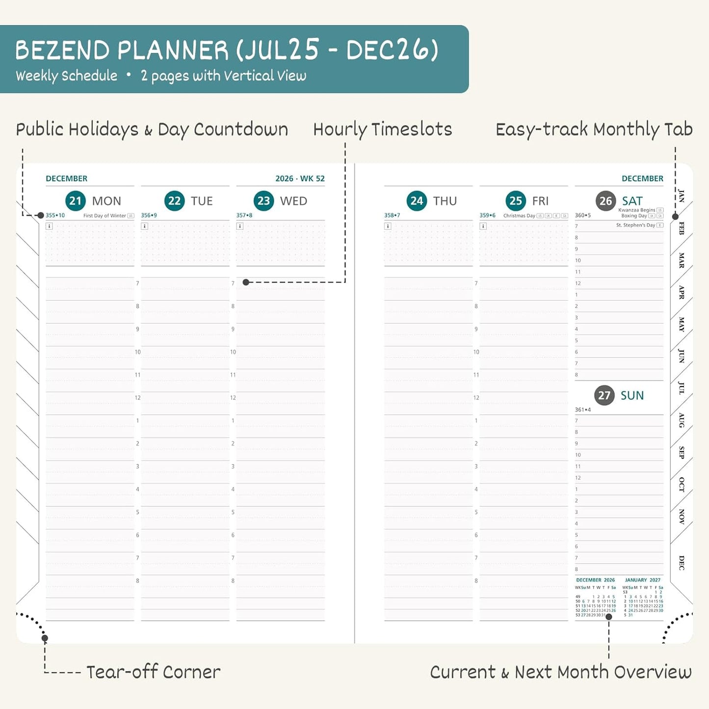 BEZEND Planner 2025-2026 Weekly and Monthly, 5.8" x 8.5" Academic Calendar (Jul 25-Dec 26) Vertical Daily Appointment with Hourly Timeslot & Monthly Tab, PU Leather Hardcover - Cornflower