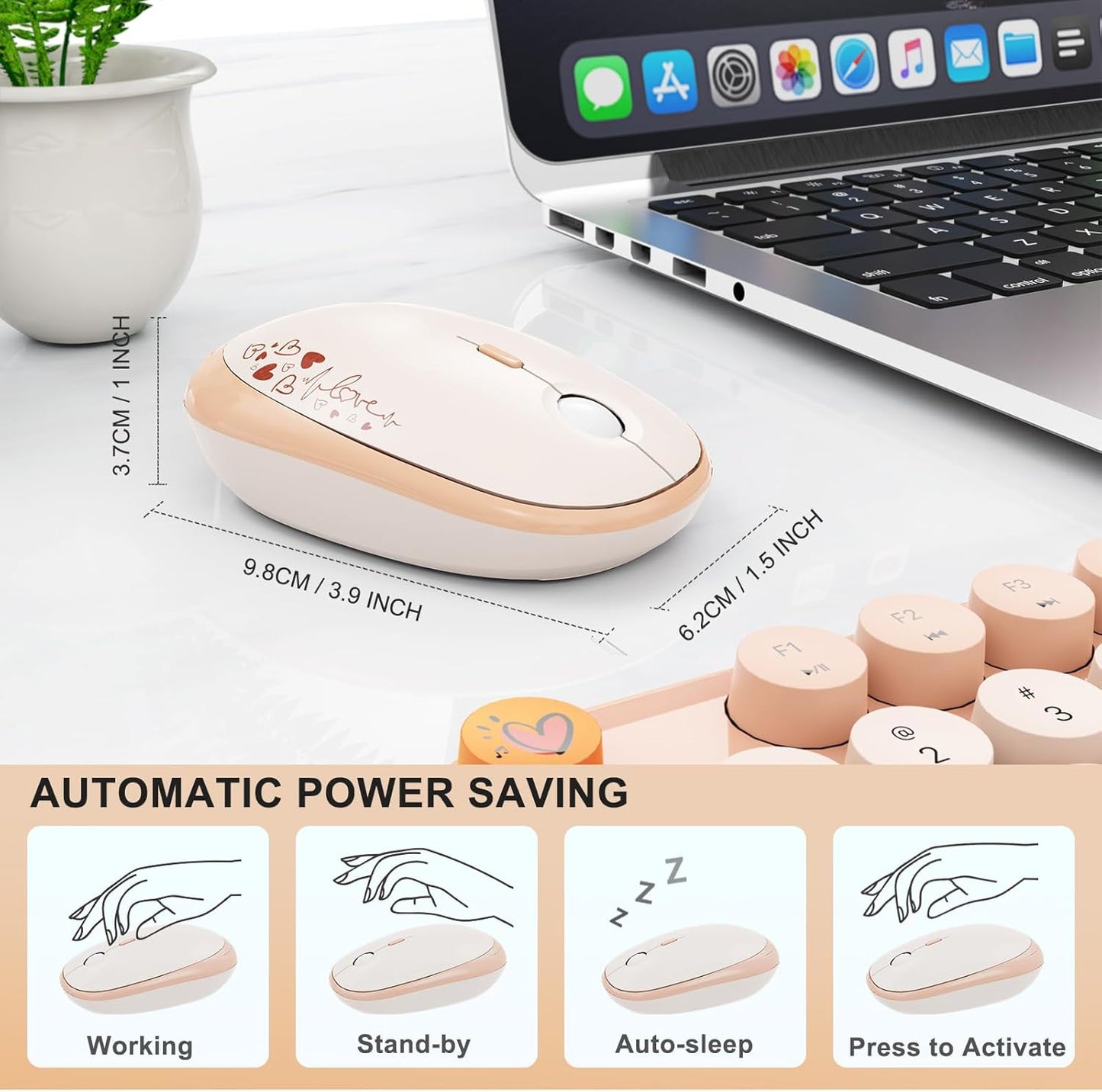 FOPETT Wireless Keyboard and Mouse Combo - 2.4G Full-Sized Cute Colorful Retro Keyboard with Round Keycaps 104 Keys Typewriter Keyboard for Laptop/Windows/PC - Milk Tea Colorful