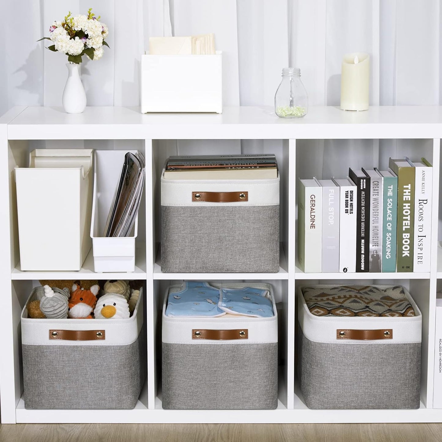 DULLEMELO Fabric Baskets for Storage, Office, Home,Nursery,Organizing Baskets for Shelves, Bedroom, Toys,Gift,Fabric Storage Basket with Handles(White&Grey,15"x11"x9.5",4-Pack)