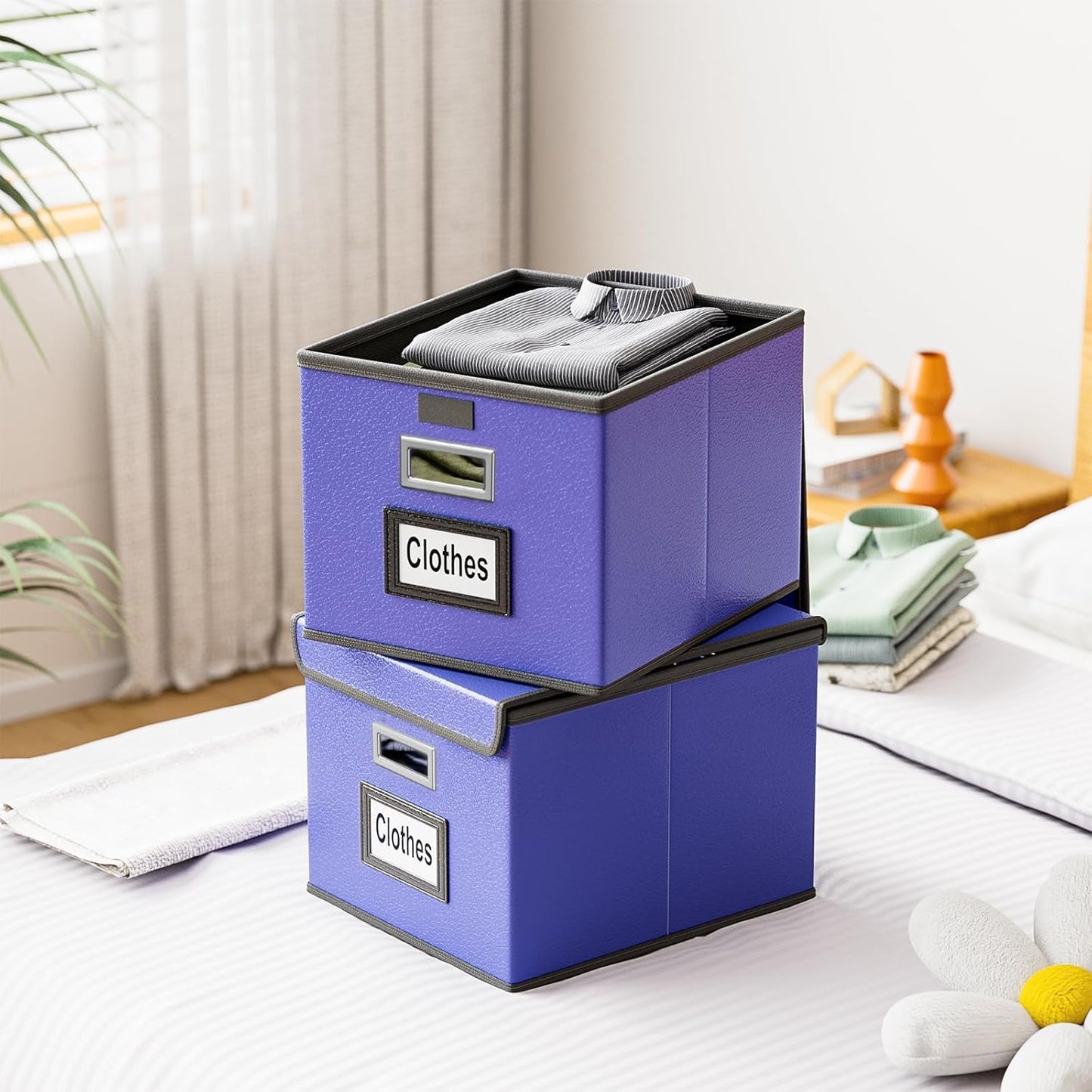Huolewa File Organizer Box with Lid, Collapsible Leather File Folder Organizer for Office Document Storage, Filing Box with Plastic Slide for Letter/Legal Size Hanging Files,Navy Blue