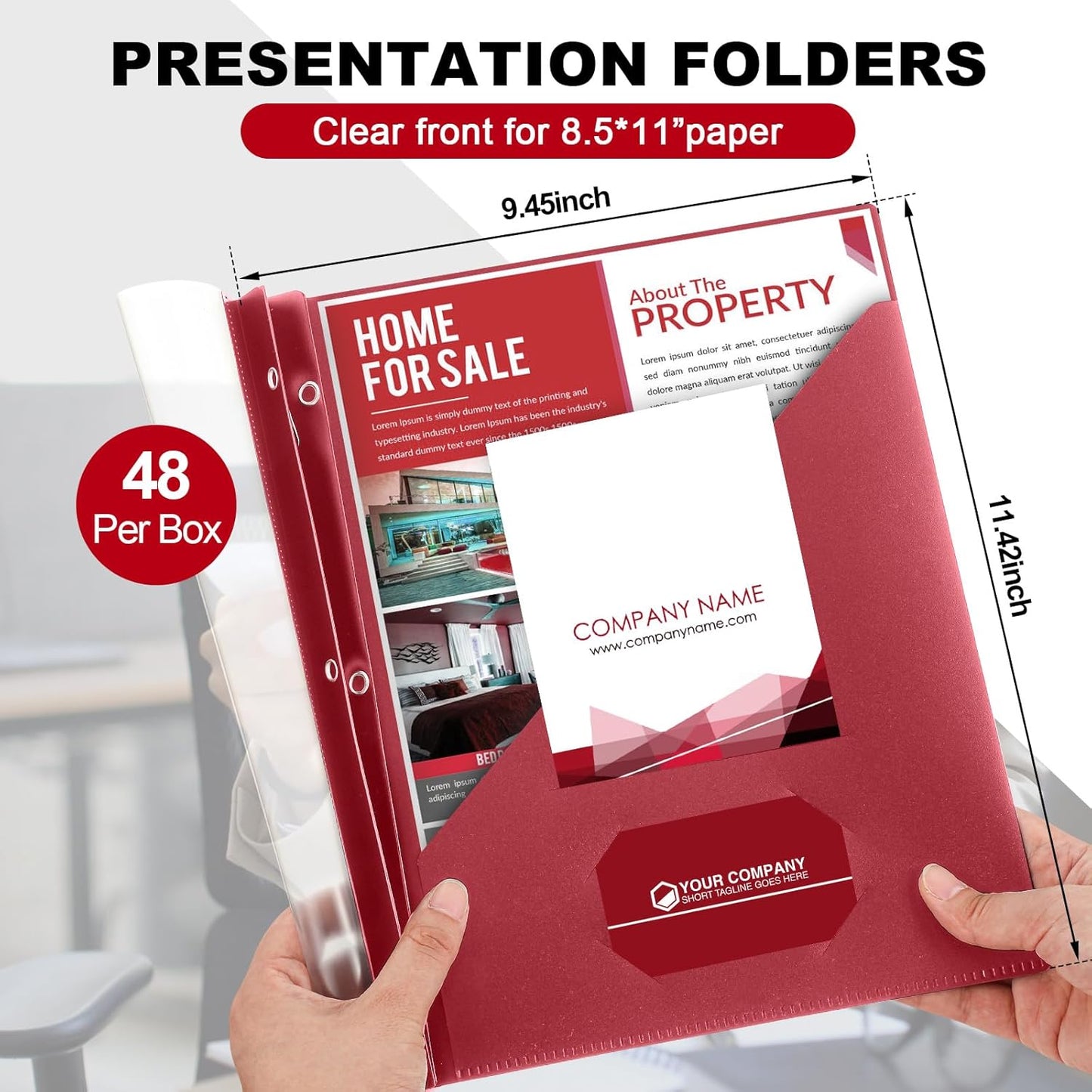 Teling 48 Pack Clear Front Report Covers with 3 Prongs Fasteners, 11.42 x 9.45 Inch Plastic Presentation Folders Bulk, 90 Sheet Capacity, Book File Covers for Office School Business, Red