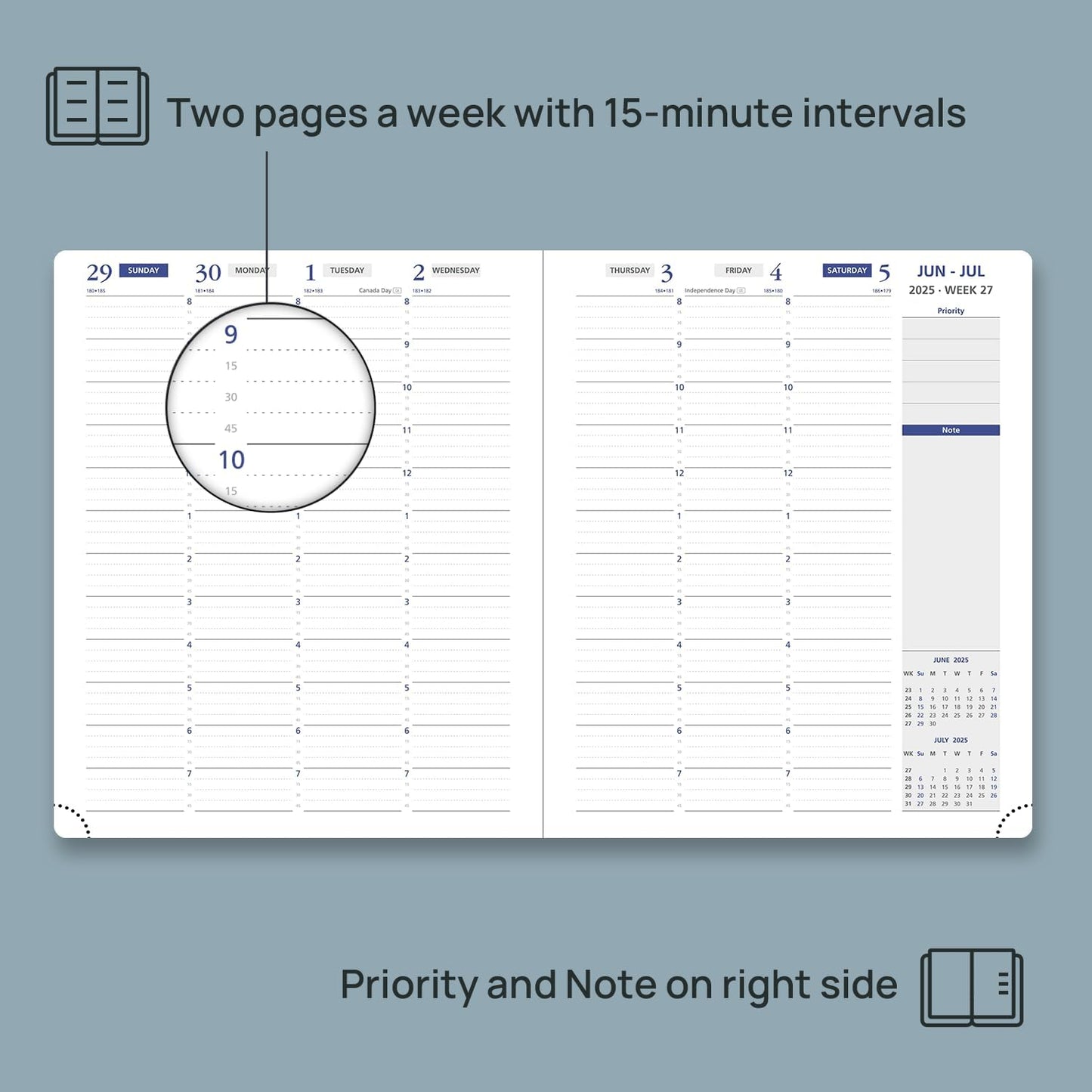 POPRUN Weekly Planner 2025-2026, 7.25'' x 8.5'', 15-Minute Hourly Appointment Book (July 2025-June 2026) with PU Leather Softcover, Monthly Tabs, Inner Pocket - Brown