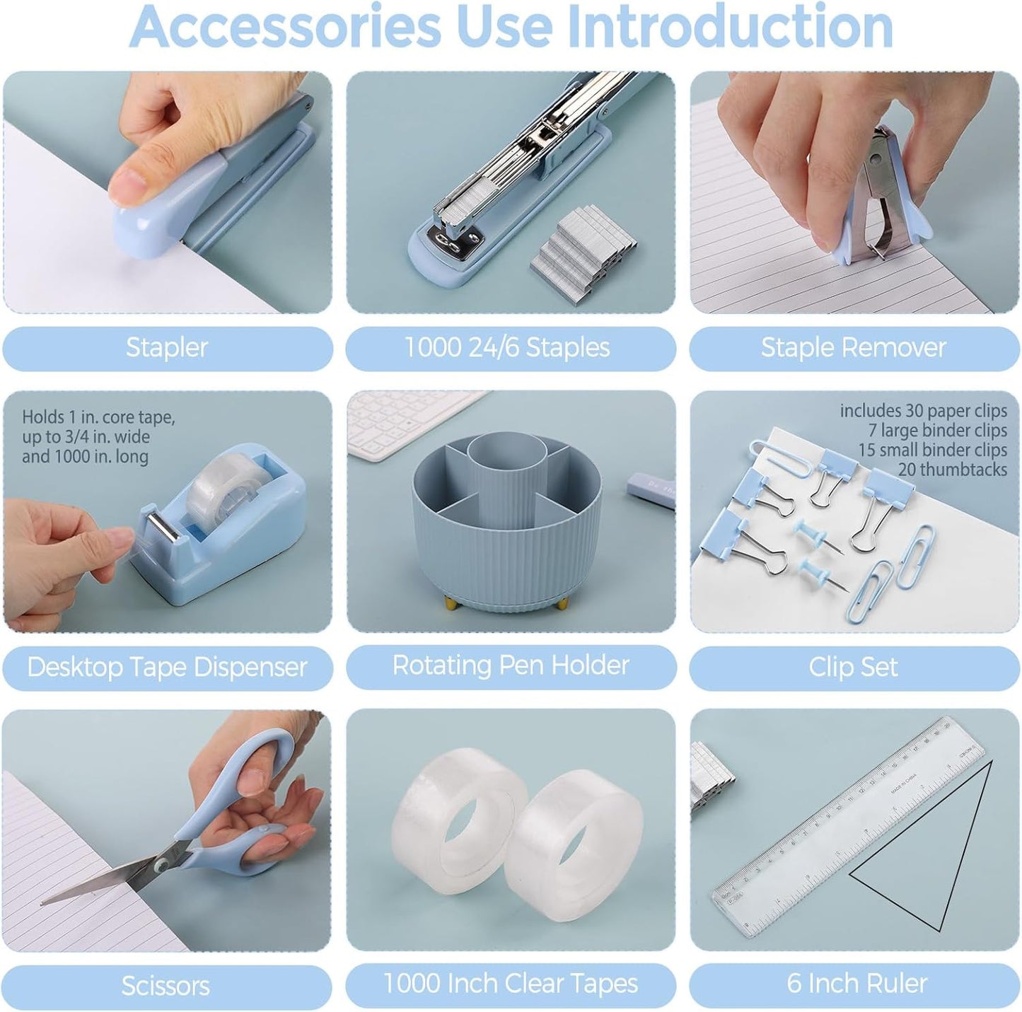 SKYDUE Desk Organizers and Accessories 10Pcs, 360-Degree Rotating Pen Holder, Stapler, Staple Remover, Tape Dispenser,2pcs Tape Refills, Binder Paper Clips Kit, Scissor (Blue)
