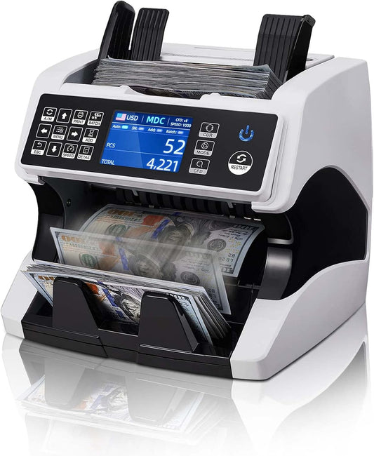 MUNBYN IMC01 Bank Grade Money Counter Machine Mixed Denomination, 2CIS/UV/IR/MG/MT Counterfeit Detection, Serial Number, MUL Currency Cash Counter, Printer Compatible, 2Y Warranty (White)