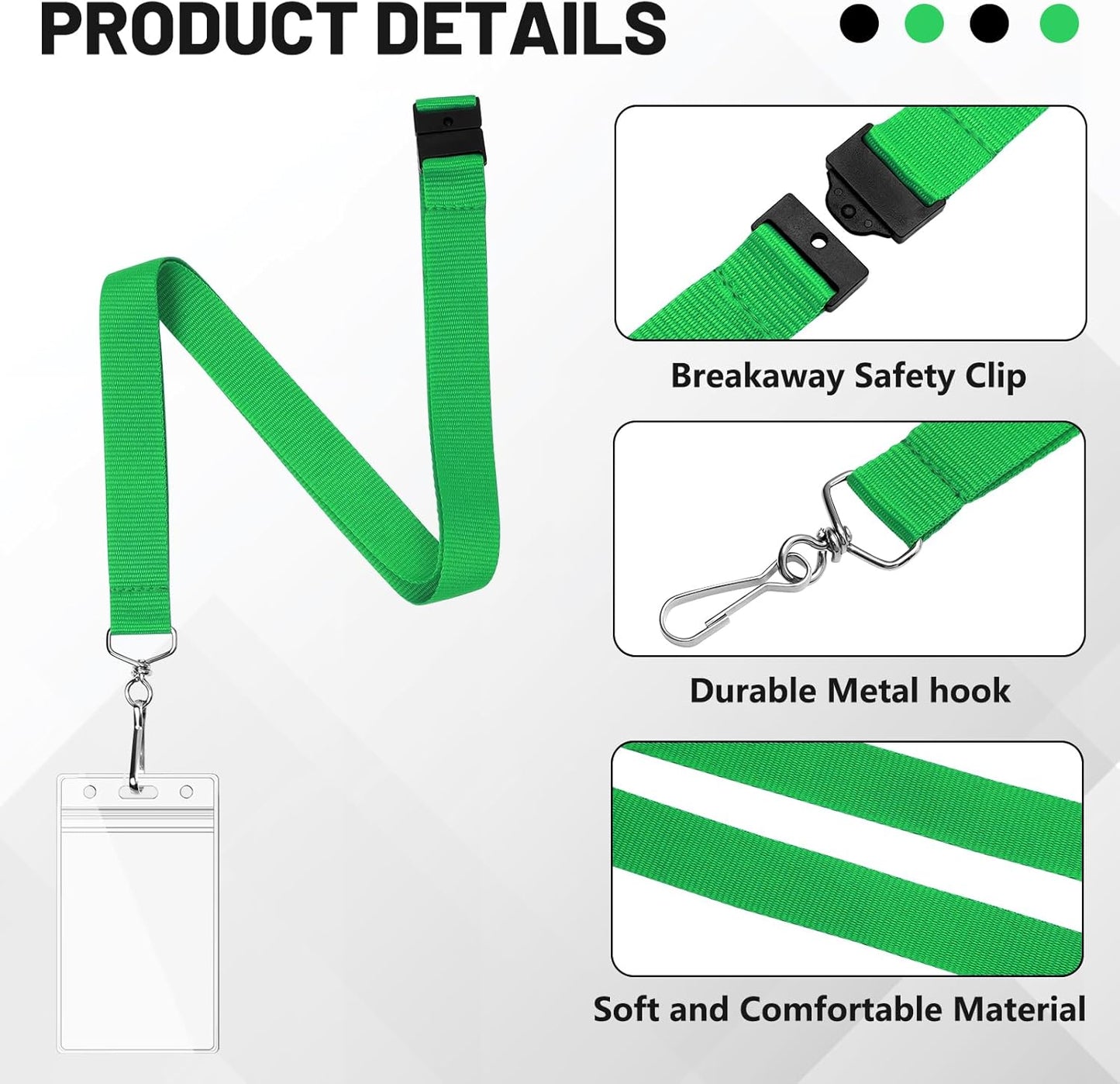 24-Pack Green Breakaway Lanyards with Waterproof Badge Holders, Metal Hook, Polyester Neck Straps for ID Cards, Events, Office, and Schools