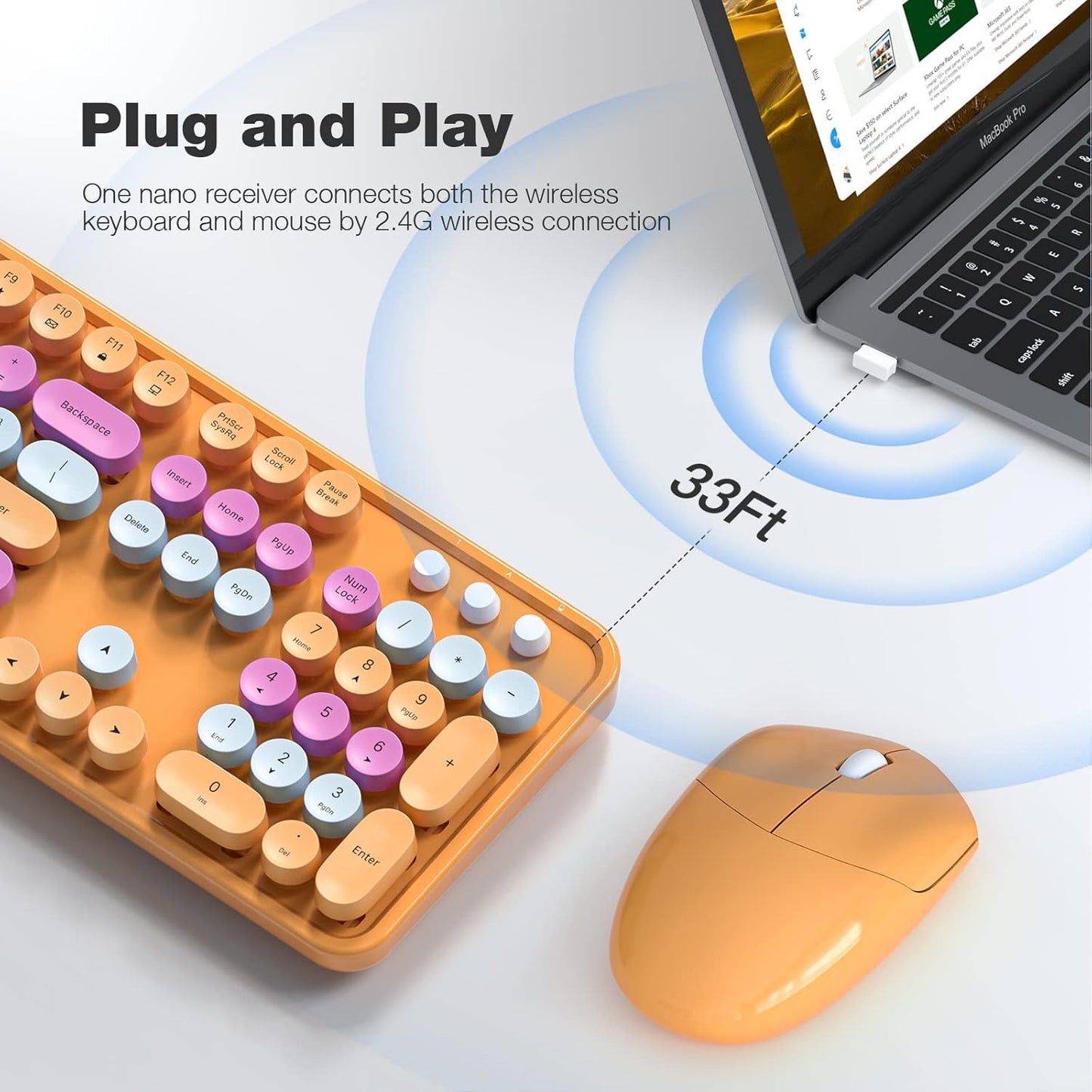 Wireless Keyboard and Mouse Combo, MOWUX Colorful Computer Full Size 2.4G Plug and Play Wireless Typewriter Keyboard and Mouse Set for Windows, Computer, Desktop, PC, Notebook (Orange Colorful)