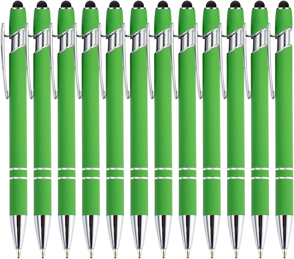 PASISIBICK 12 Pieces Green Ballpoint Pen with Stylus Tip, 2 in 1 Stylus Stylish Pen, Metal Stylus Pen for Touch Screens, Black Ink, 1.0 mm Medium Point.(12 PCS Green)