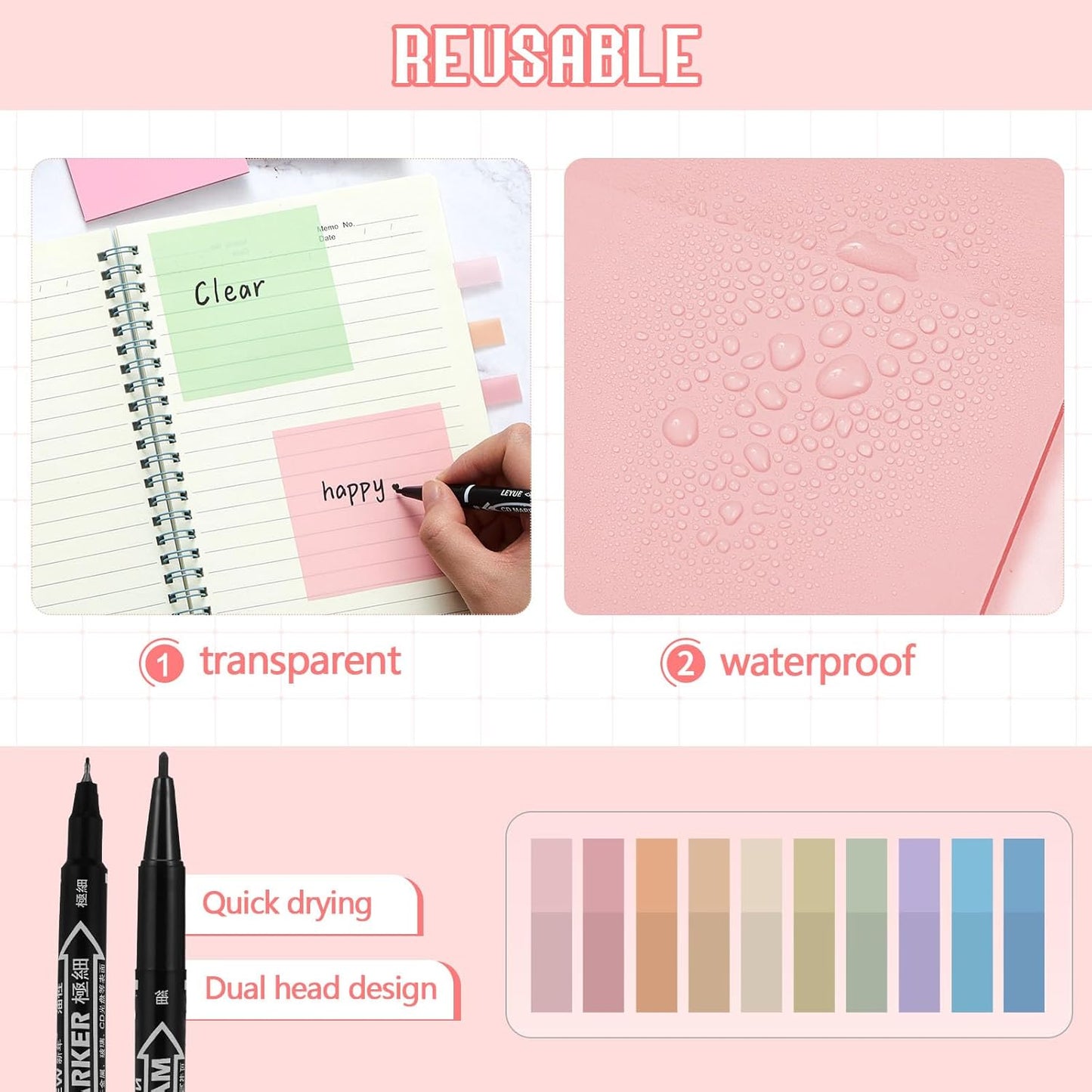 Jutom 39 Pcs Aesthetic Book Annotation Kit Highlighter with Pencil Case Bag Gel Pen Transparent Sticky Note Taking Bible Study College School Supplies(Pink,Kawaii Style)