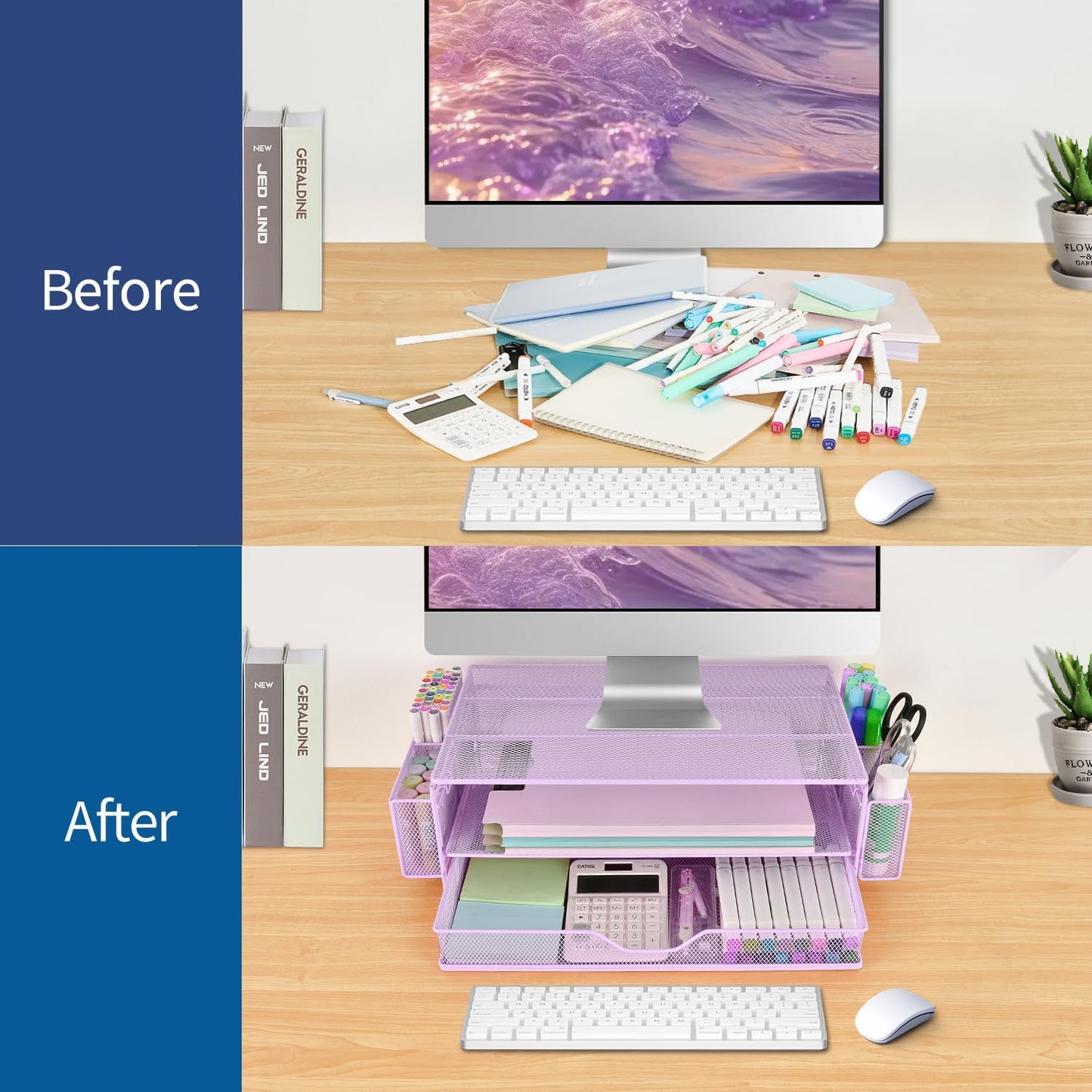 AUPSEN Computer Monitor Stands Riser，2-Tier Desk Organizers and Accessories, Office Desk Accessories Organizer with Drawers and 2 Pen Holder for Office Supplies (Purple)