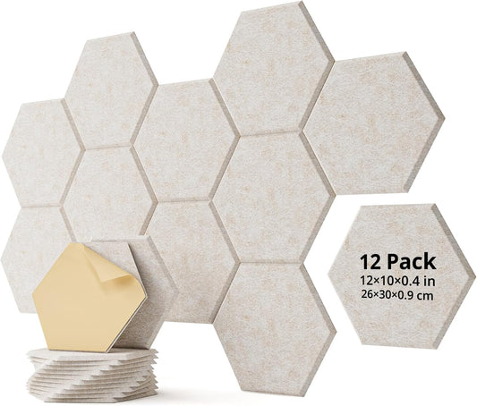 12 Pack Acoustic Panels Sound Absorbing, Self Adhesive Sound Proof Panels, Hexagon High Density Sound Deadening Panels, 12"X10"X0.4" Wall Decor for Bedroom,Home,Studio,Office(Beige)