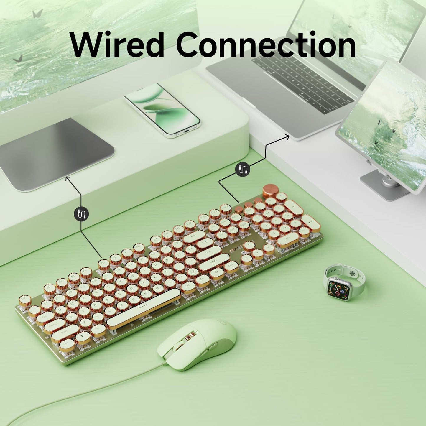 EWEADN Wired Typewriterkeyboard and Mouse Combo, Typewriter Style Mechanical Gaming Keyboard,104 Keys Backlit LED Keyboards, Media Control Knob, Wired Keyboard Pink Switch for Windows/Mac/PC-Green
