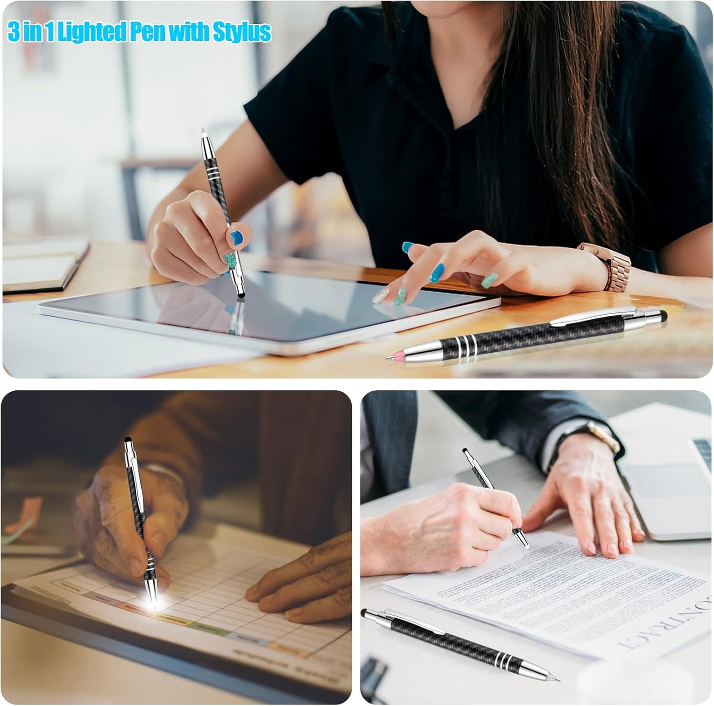 Glovion Lighted Tip Pen with Stylus 3-in-1 LED Penlight Light Up Pen Light Ballpoint Pen with Light for Writing in The Dark - Pack of 3 - White Light - GL006
