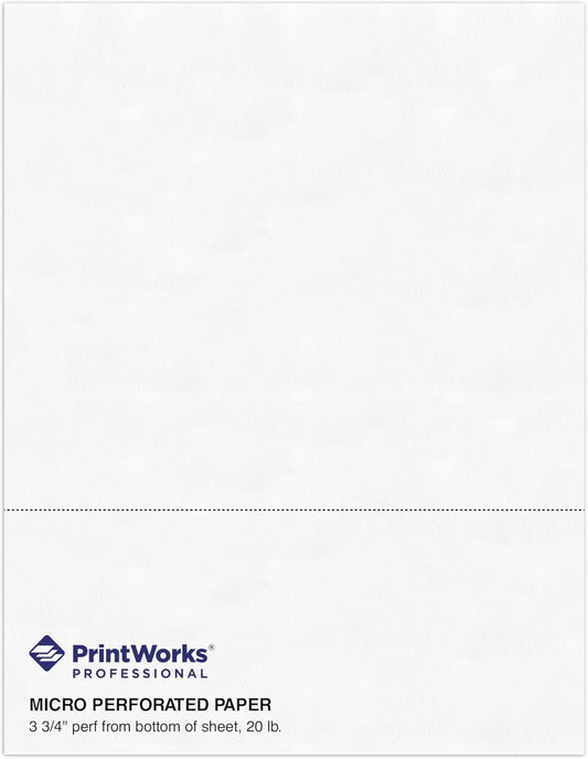 PrintWorks Professional 3 3/4" Horizontal Perforated Paper 8.5” x 11” - Perfect For W-2, 1099, & Statement Use - Made in the USA - 500 Sheets - 20 lb - Printer Compatible - White (04331)