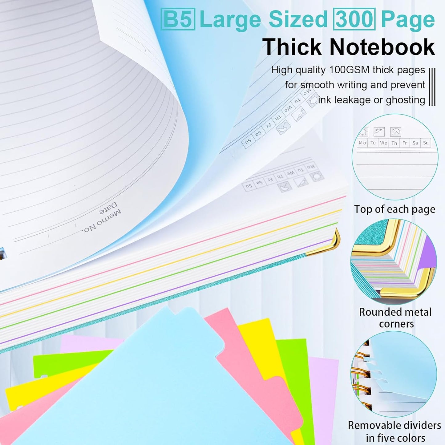 Hardcover Spiral Notebook 8"x10" Journal Notebook with Tabs and Removable Dividers 300 Pages 5 Subject Notebook College Ruled, Faux Leather Spiral Bound Notebook for Women, Students, School Work (Blue)