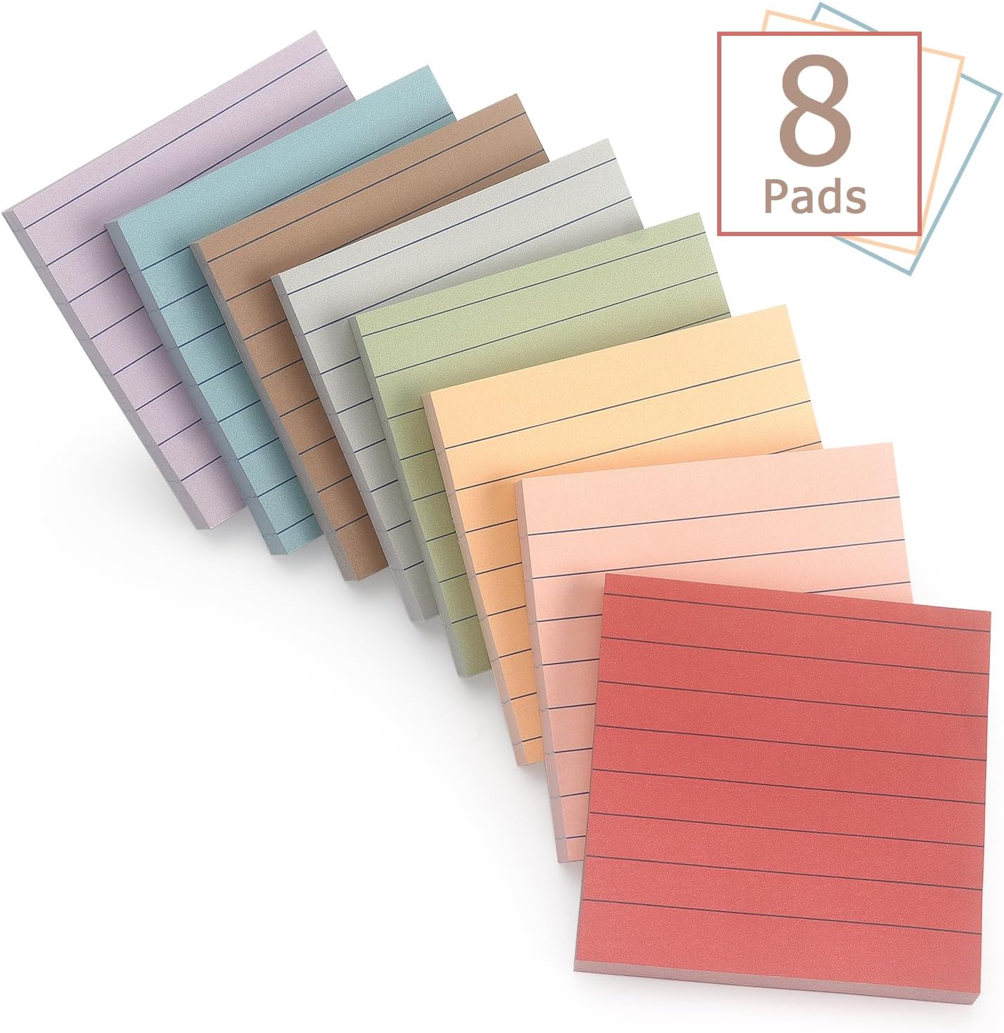 8 Pads Lined Sticky Notes Vintage Color 3x3 in, Self-Stick Sticky Note Pads Lined Pads 8 Pads/Pack, 640 Sheets, Easy to Paste for Office, School, Home