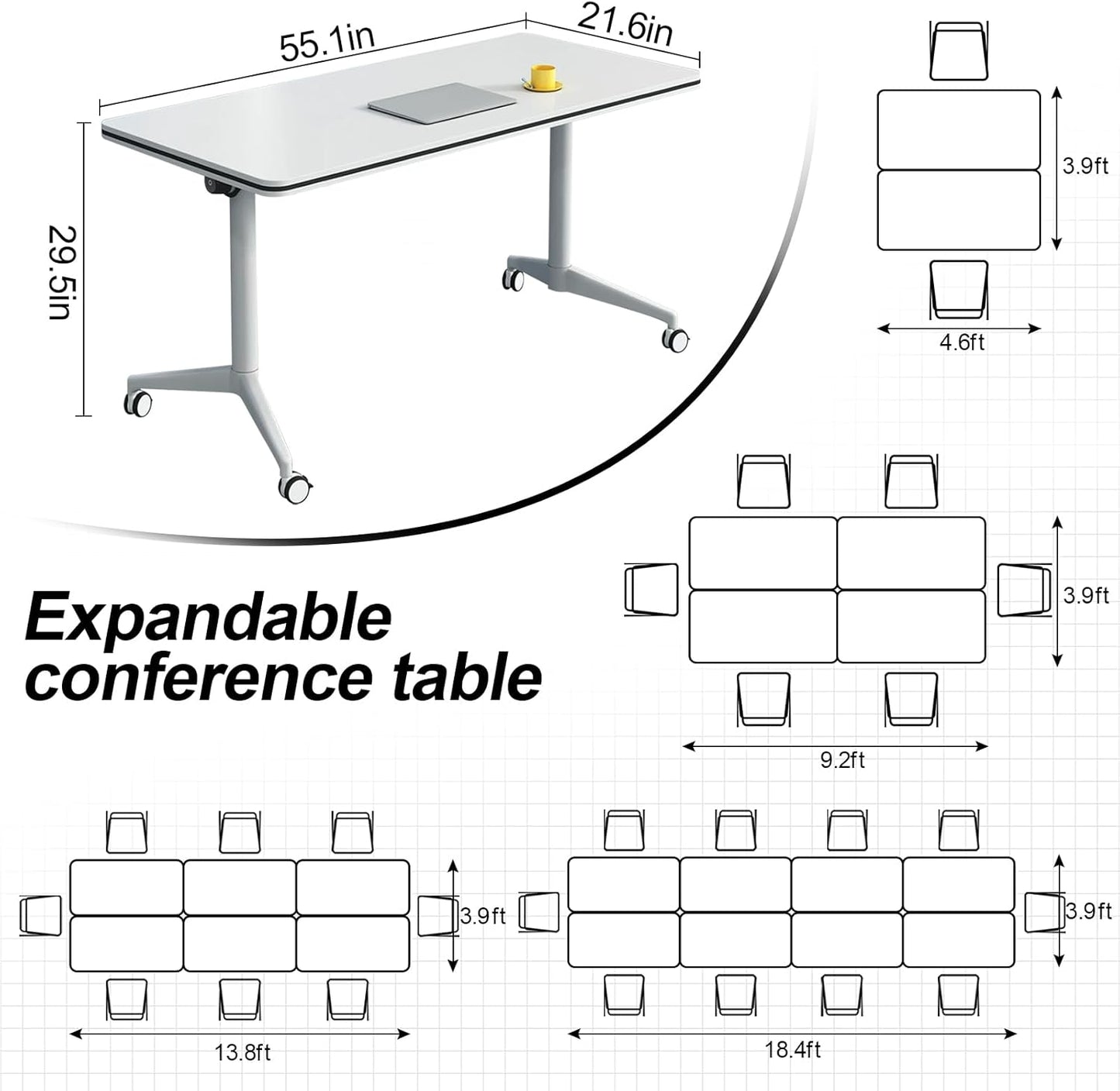 Folding Conference Table, Modern Large Conference Room Tables with Flip-Top Design, Foldable Conference Table Meeting Table with Wheels, Mobile Seminar Training Tables for Office Classroom (6, White)