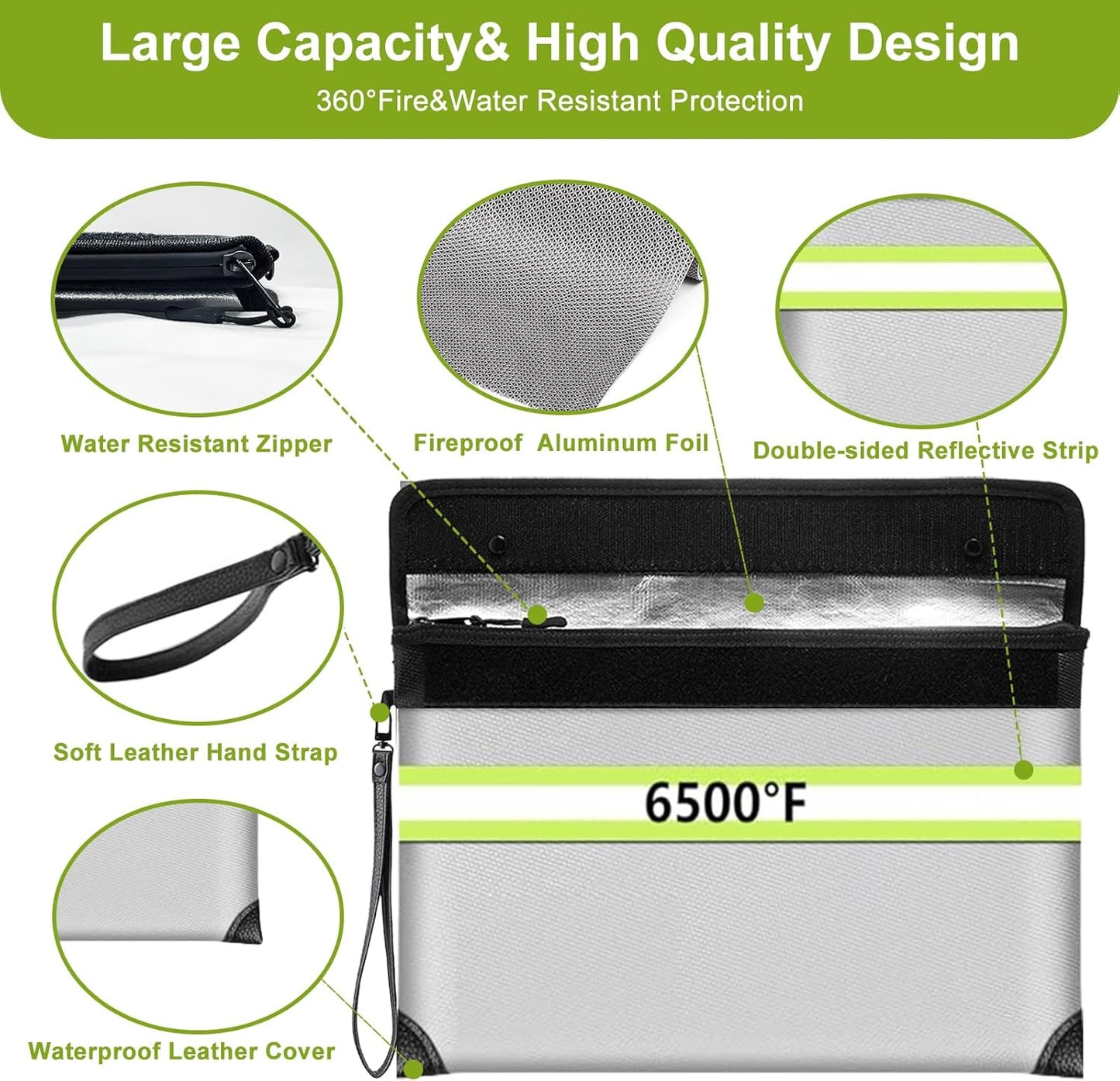 Fireproof Money Bag,6500°F Fireproof Waterproof Zipper/Reflective Strip,10 Layers of Heat Insulated Materials,Fireproof Document Bag with Handle for Cash/Important Documents/Valuables