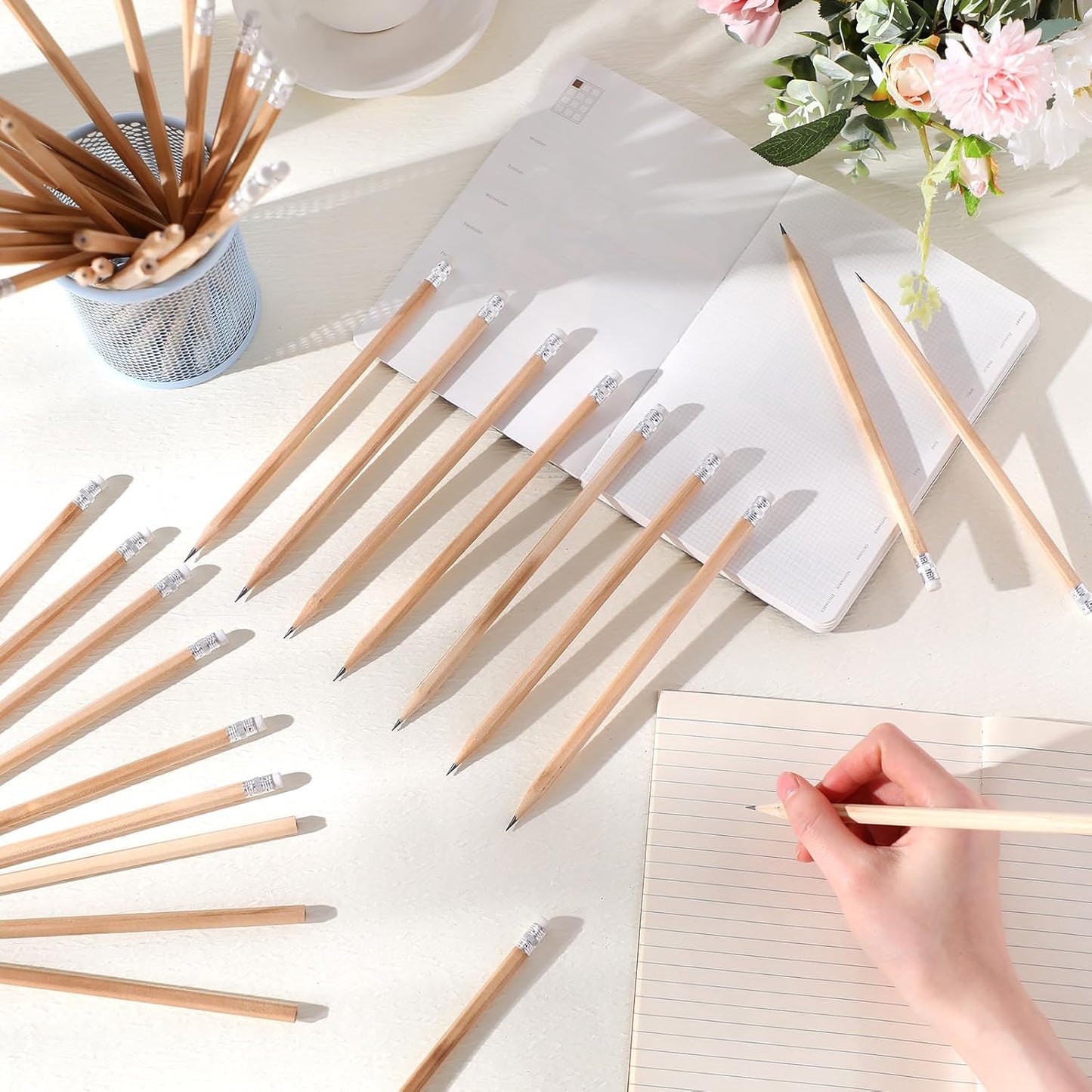 TecUnite 60 Pcs HB Pencils #2 Unsharpened Wood Cased Pencils with Eraser Hexagonal Pencil Cute Graphite No 2 Pen for Adults Gifts Exam School Office Sketching Learning (Wood Color, Silver)