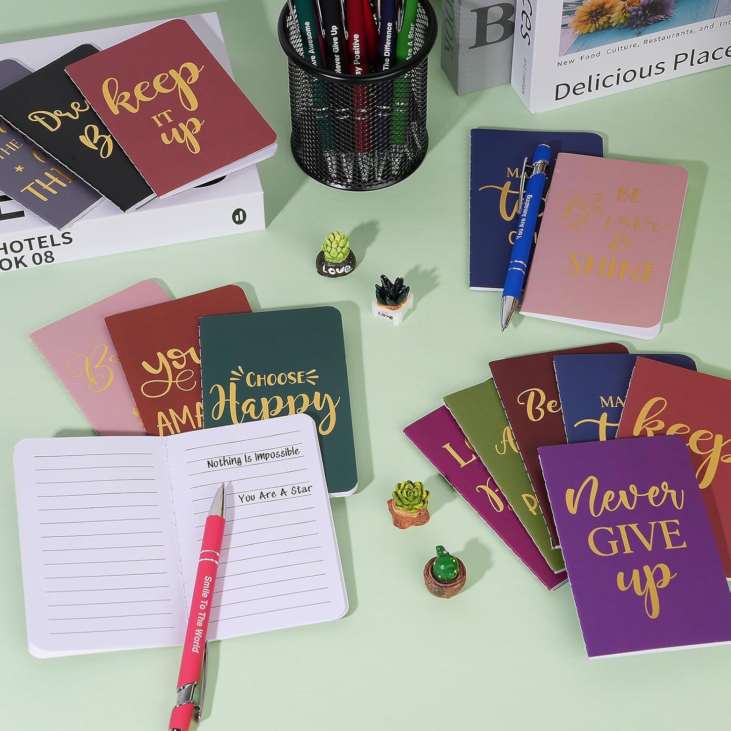 48 Pcs Bulk Motivational Pens Inspirational Notepads Set, Small Pocket Motivational Quote Notebooks and Ballpoint Pens, Mini Journals Gift Set for Kids Students Teachers School Office Prizes Supplies