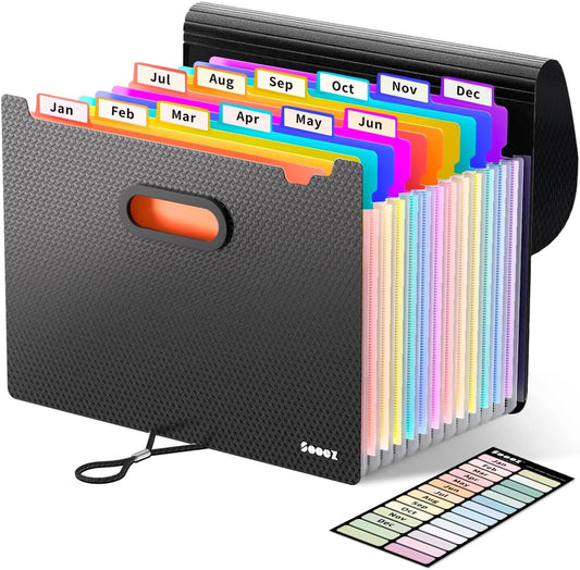 Sooez Upgraded Accordion File Organizer, Expanding File Folder with Deeper 12 Pockets - Never Cover Up Index Tabs, Monthly Bill Paper Receipt Document Organizer, Letter A4 Size for Home Office School