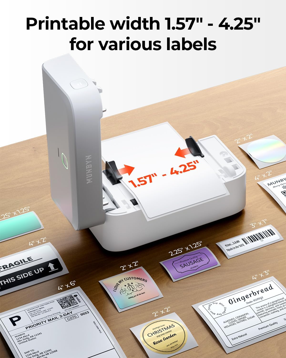 MUNBYN Bluetooth Thermal Label Printer RW403B, Wireless 4x6 Shipping Label Printer for Small Business, Compatible with Android, iPhone, Windows, Mac, Chromebook, Print Width 1.57"-4.25"