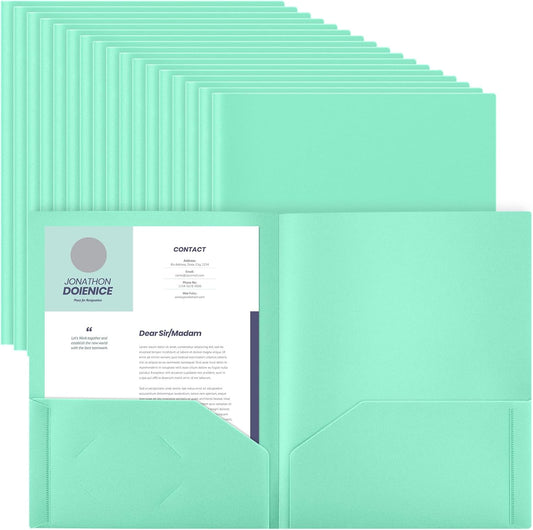 Gueevin 150 Pcs Plastic Folders with Pockets, Two Pocket Folder Fit 8.5 x 11 Inch Letter Size Paper, Heavy Duty School Folders Business Card Holder for Home Office School Bussiness (Light Green)