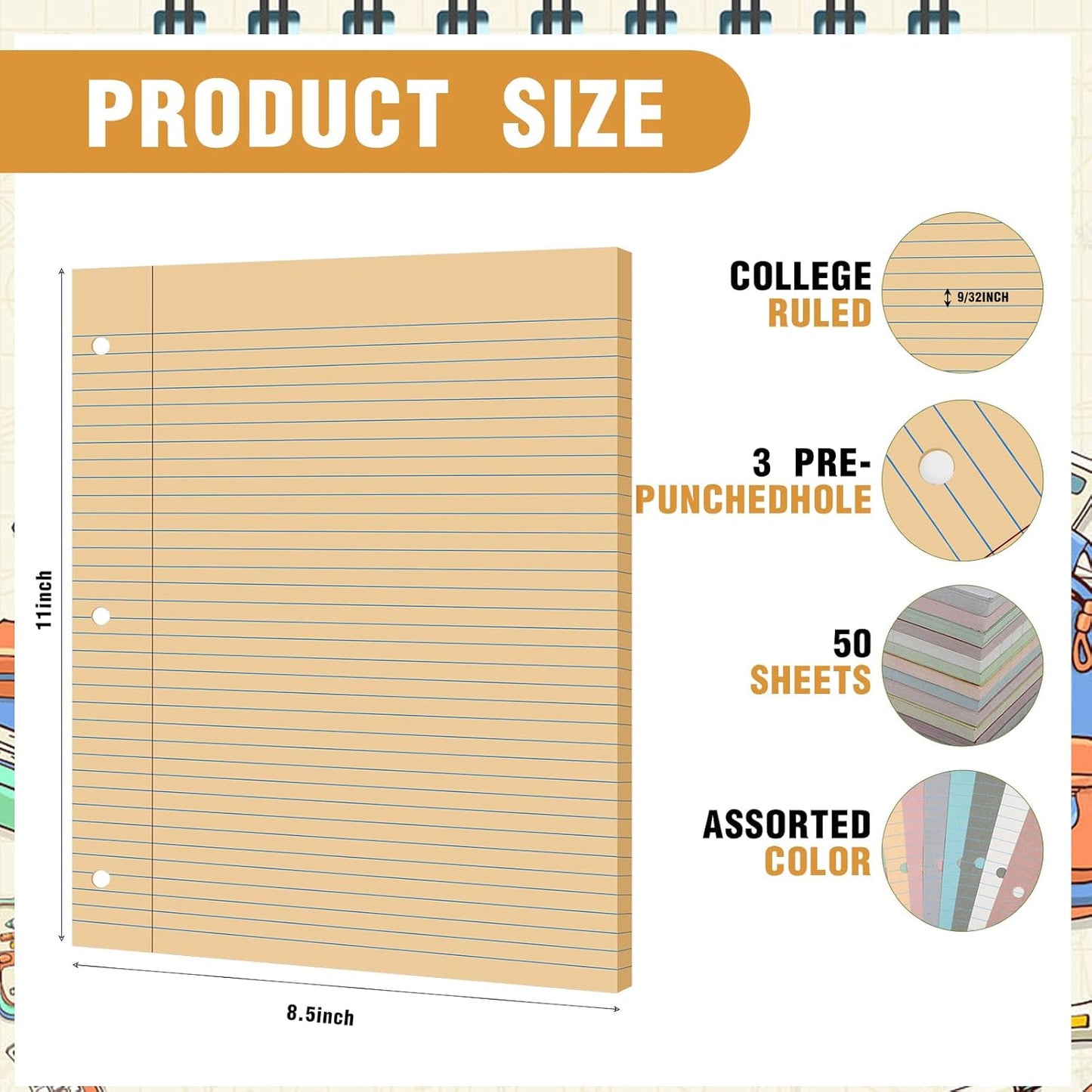 PerKoop 600 Sheets Colored Loose Leaf Paper 8.5" x 11" college ruled Lined 3 Hole Punched notebook Filler Paper for 3 Ring Binders Office School Supplies (Gemstone Color)