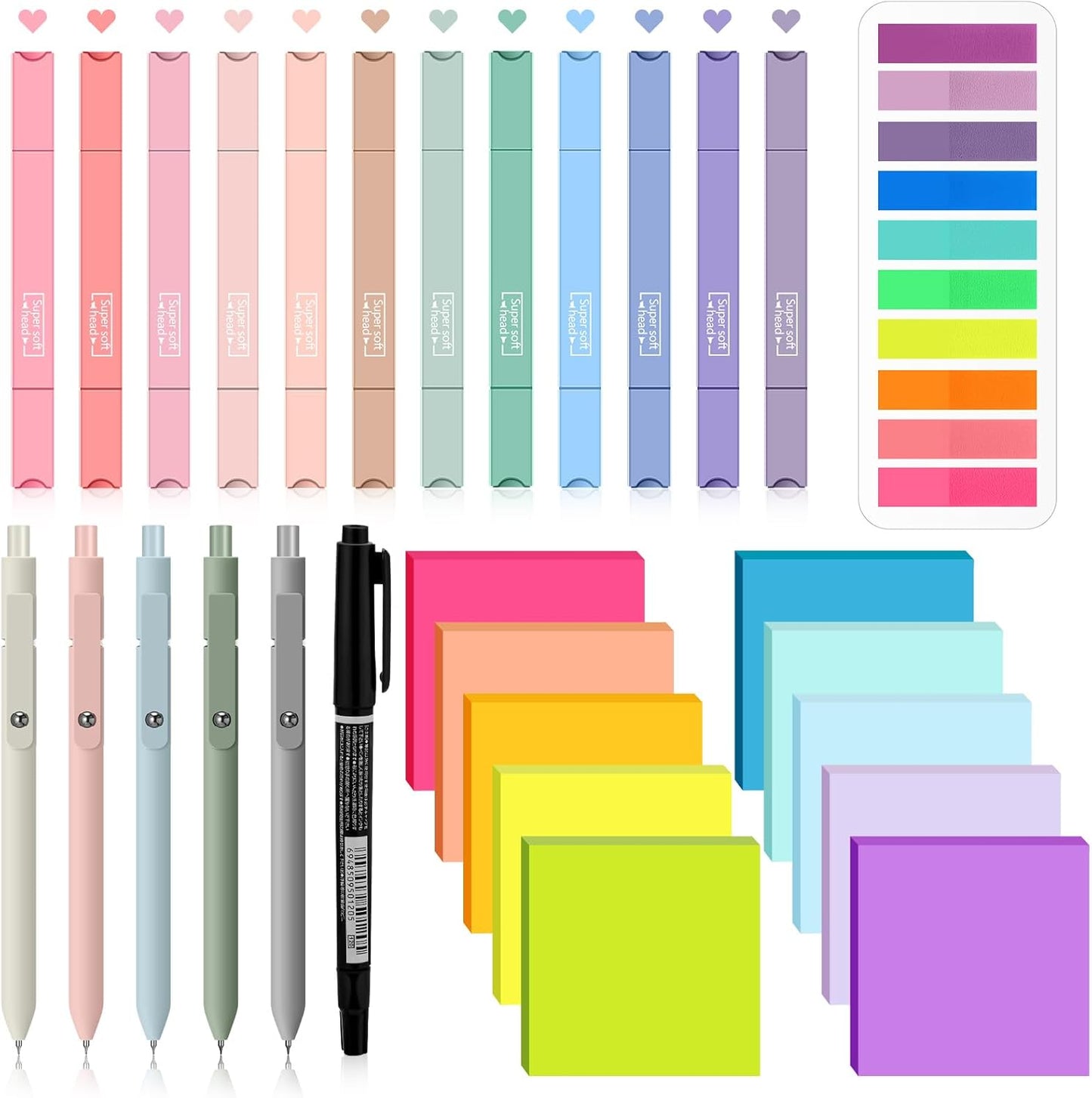 Jutom 38 Pcs Book Annotation Kit Aesthetic Highlighters Gel Pens Set Sticky Notes Tabs Markers Dual Ended Highlighter Quick Dry Ink Pens for Office Annotating Books(Rainbow,Square)