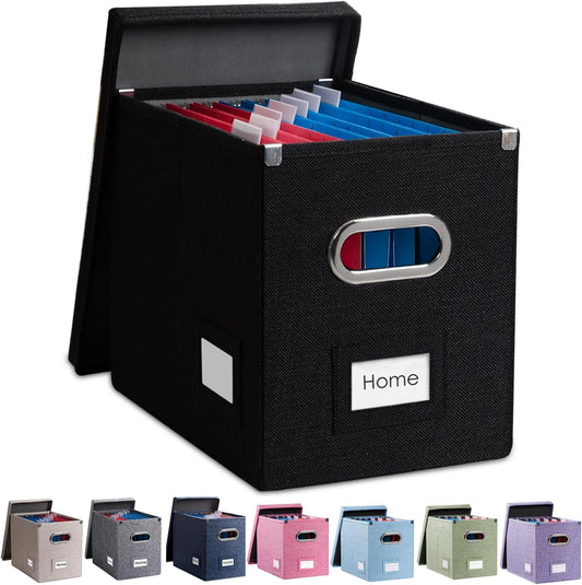 PRANDOM File Organizer Box - Set of 1 Collapsible Decorative Linen Filing Storage Hanging File Folders with Lids Office Cabinet Letter Size Black (14x9.3x10.8 inch)
