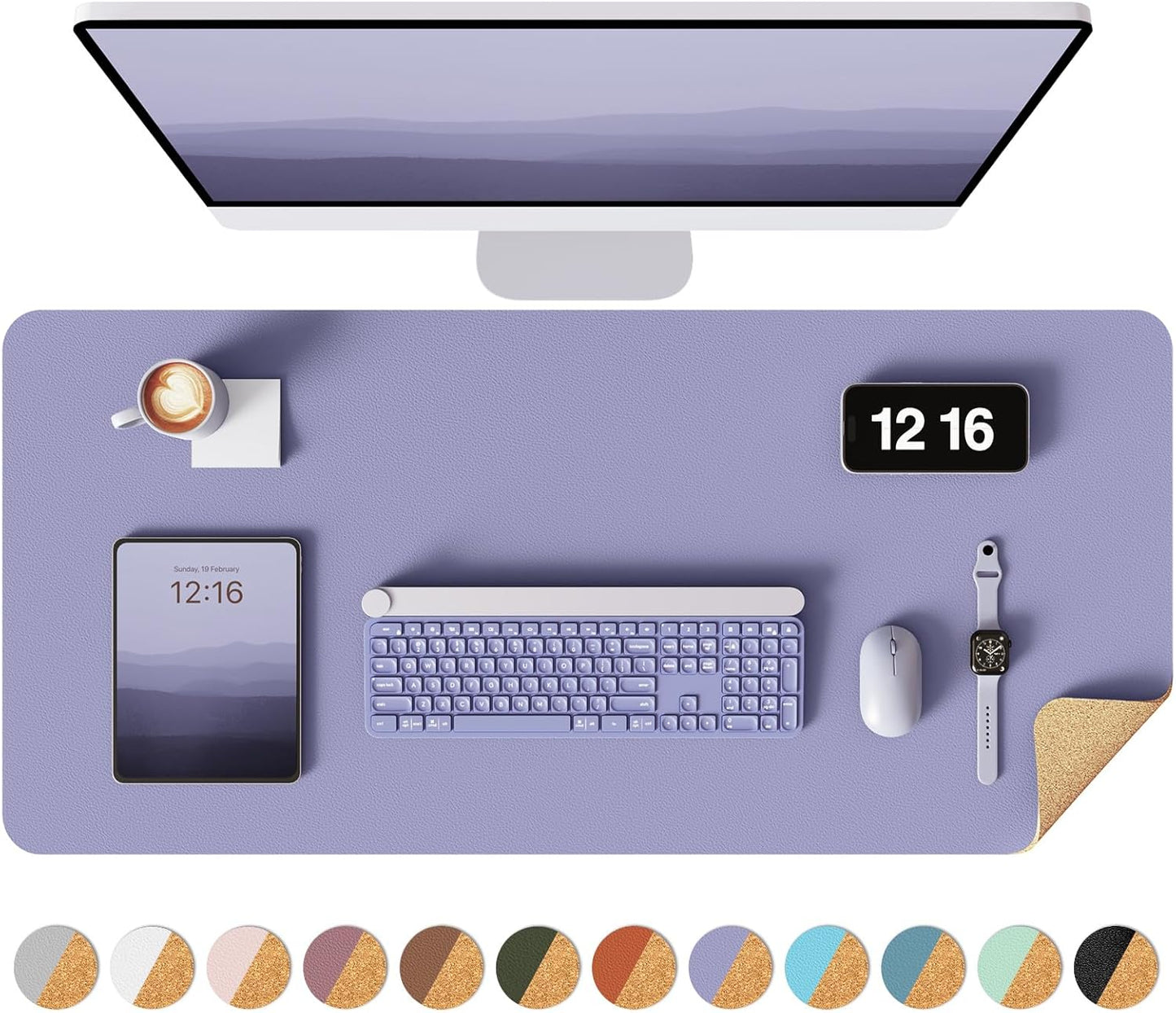 YSAGi Double-Sided Desk Pad, 31.5"x15.7"Leather Desk Mat, Eco Cork Desk Pad Protector,Large Mouse Pad,Waterproof Desk Blotter for Office/Home(Purple)