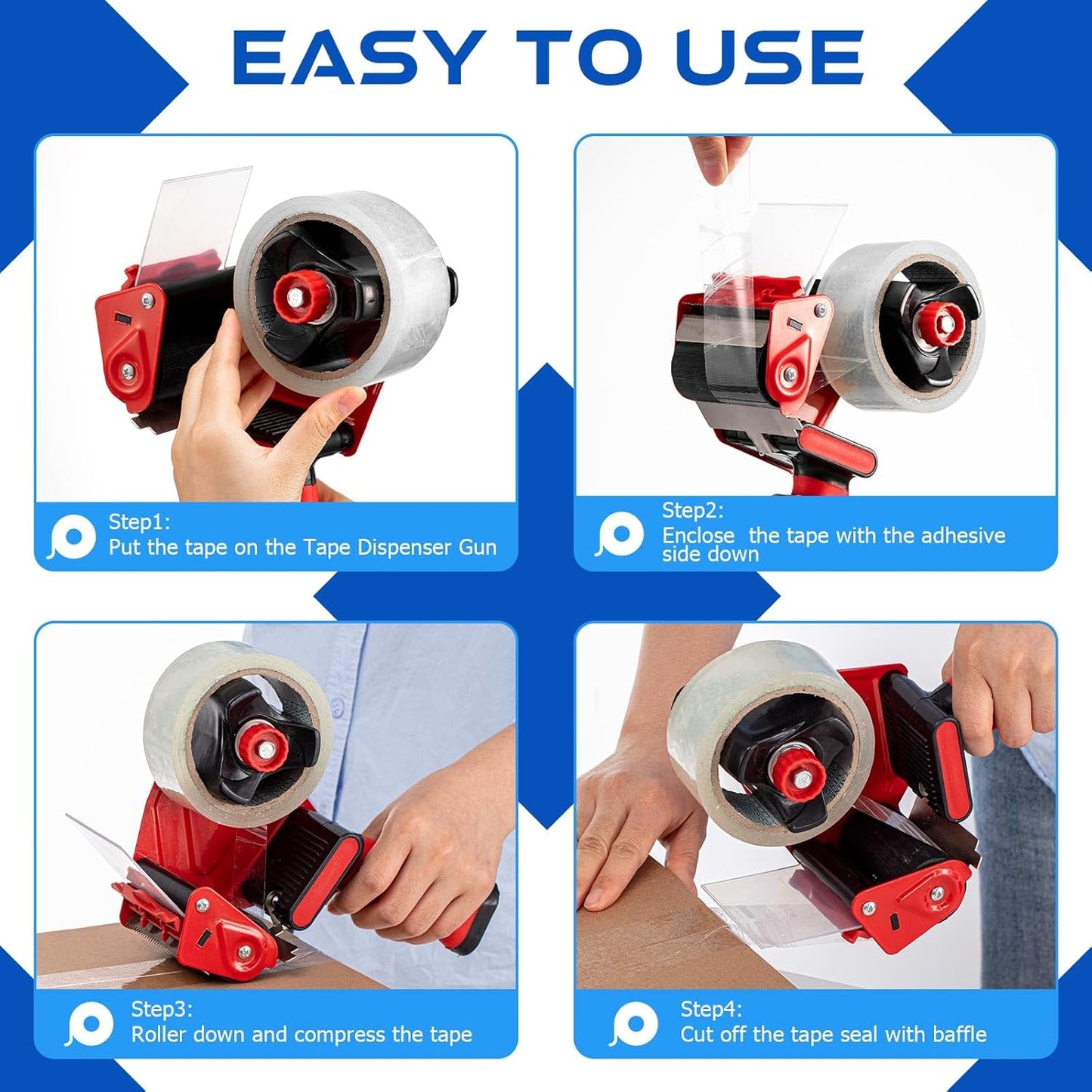 Hicarer 3 Pcs 3 Inch Packing Tape Gun Heavy Duty Tape Dispenser Non Slip Silicone Handle Portable for Shipping, Moving, Carton and Box Sealing