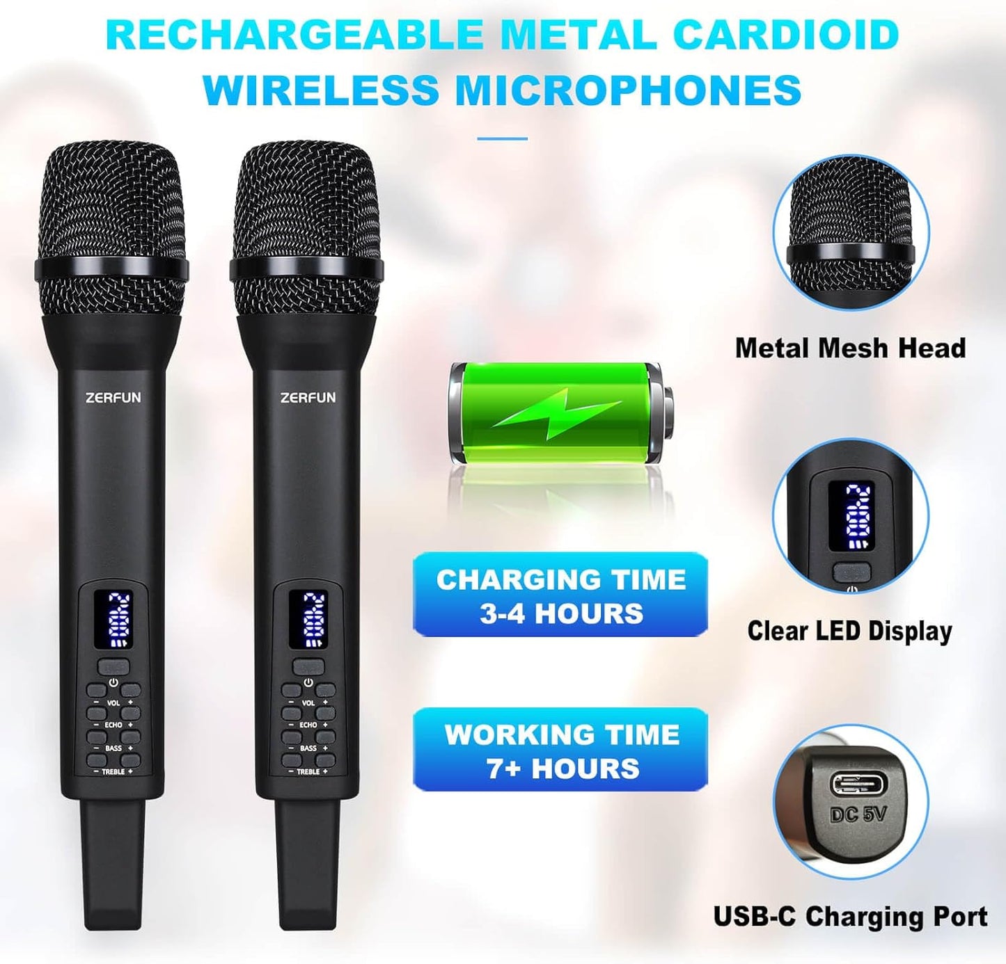 4 Rechargeable Wireless Microphones, Pro Handheld Cordless Mics System with Echo Treble BASS VOL Control for Karaoke Singing Church Party, 1/4'' Output, Black